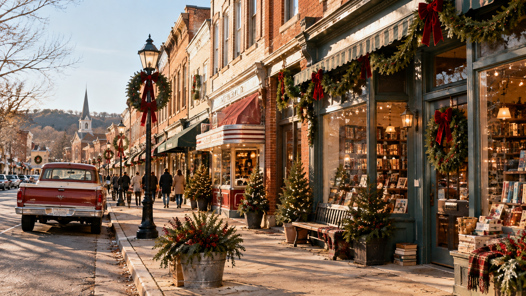 Small-town main street decorated for the holidays, with wreaths on old lampposts, festive shop windows and a vintage red pickup truck