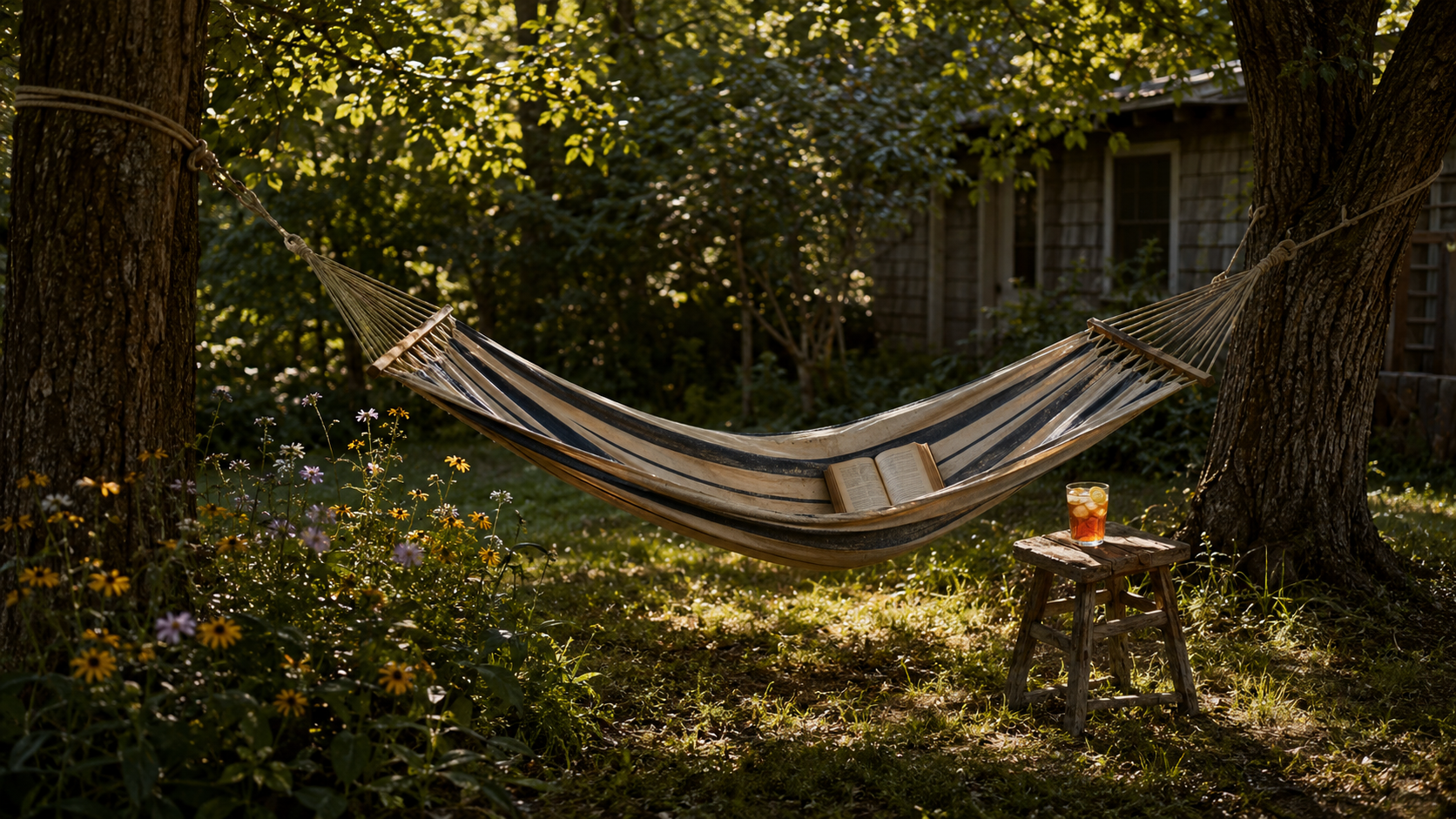 Striped hammock between two trees with an open book and a glass of iced tea on a nearby stool, surrounded by wildflowers.