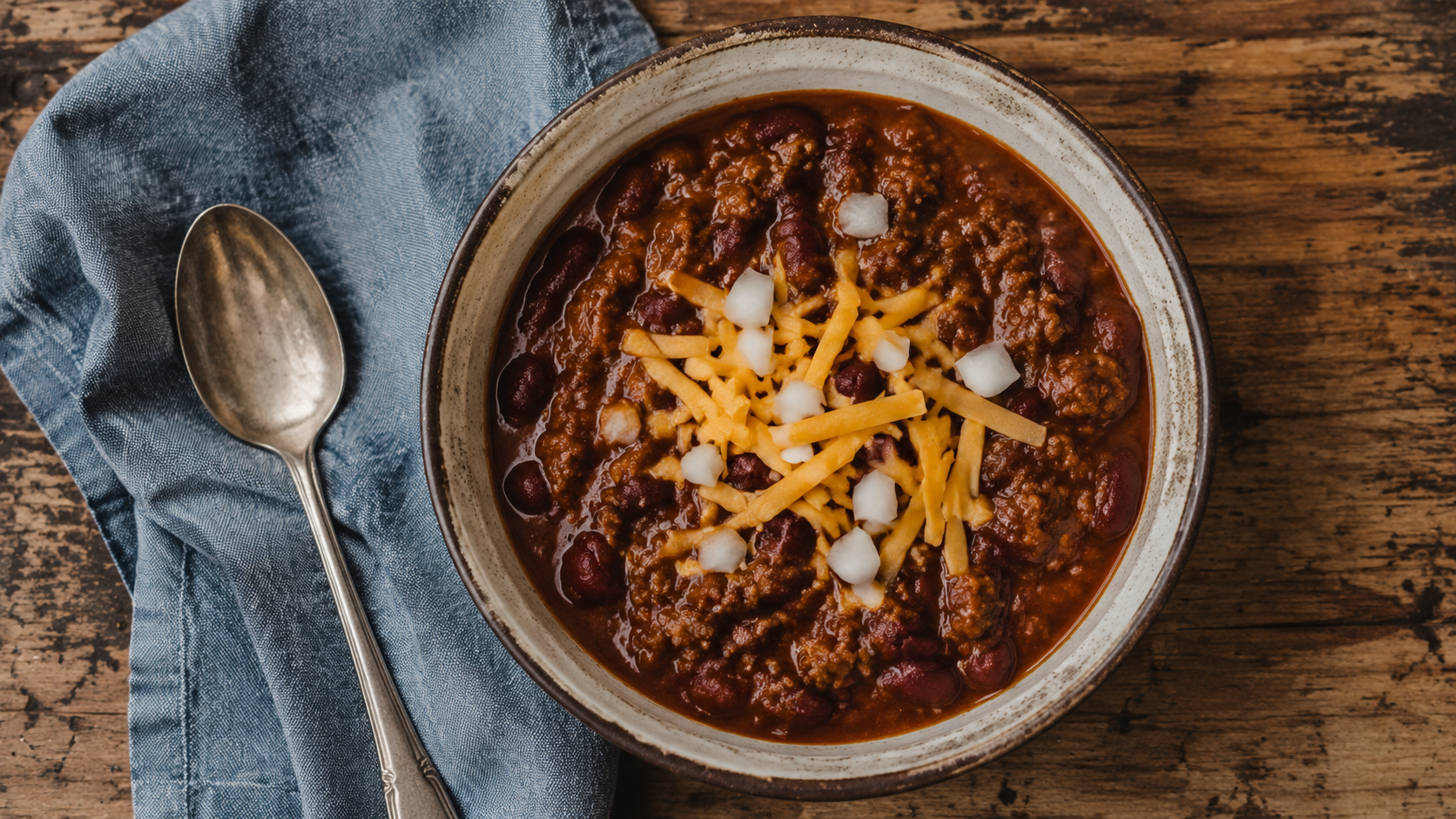 Overhead view of classic family-style chili topped with shredded cheddar and diced onion, served in a stoneware bowl.