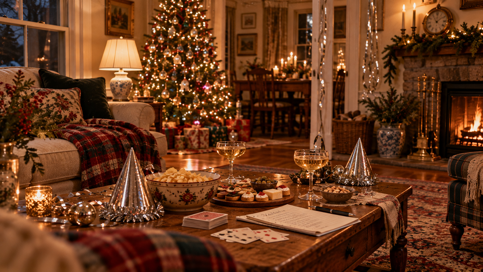 Living room set for an old-fashioned New Year’s Eve, with party hats, sparkling cider glasses, popcorn and playing cards by the Christmas tree and fire