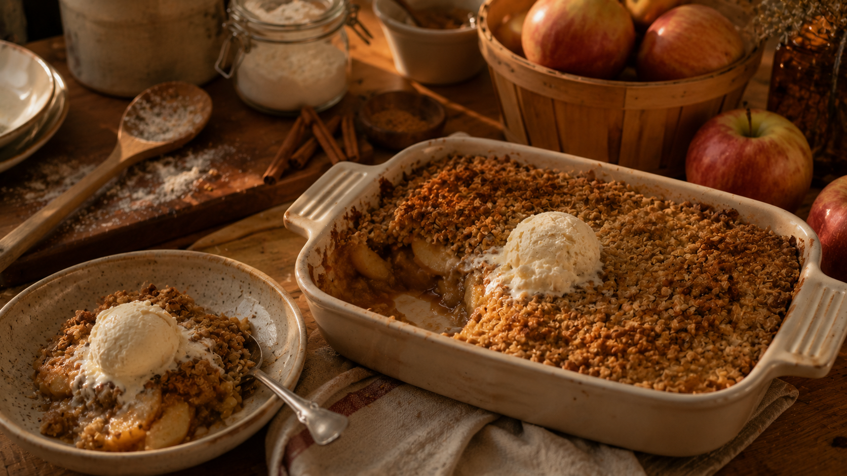 Warm apple crisp topped with melting vanilla ice cream, served beside a basket of fresh apples and cinnamon sticks