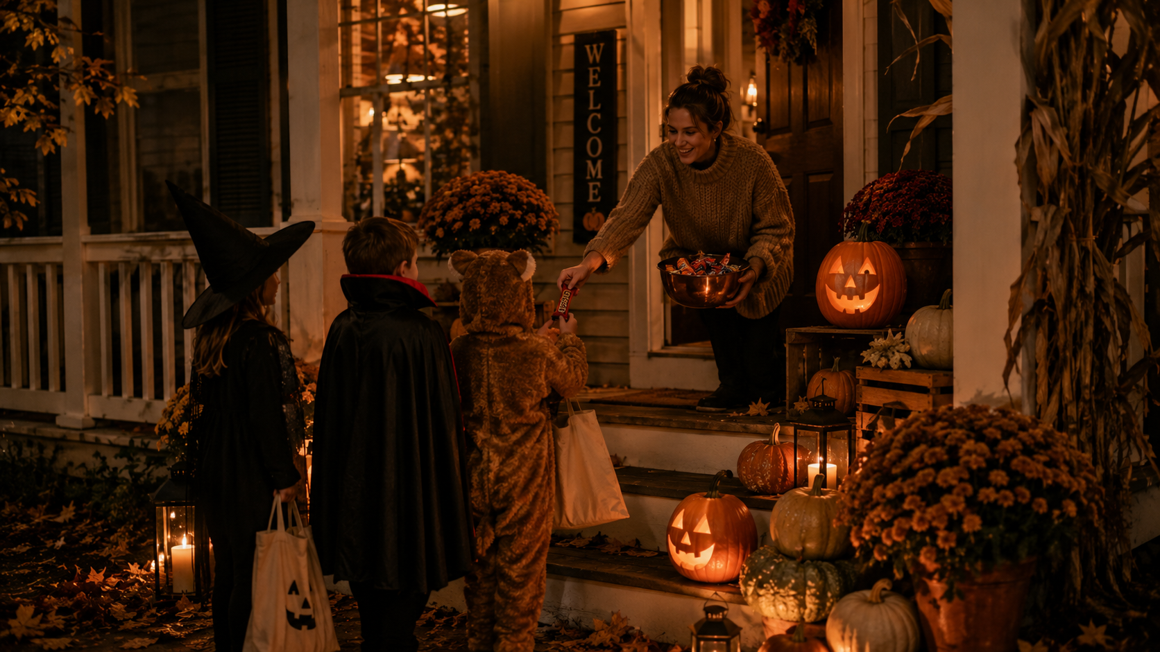 Woman on a decorated porch handing full-sized candy bars to trick-or-treaters in costume