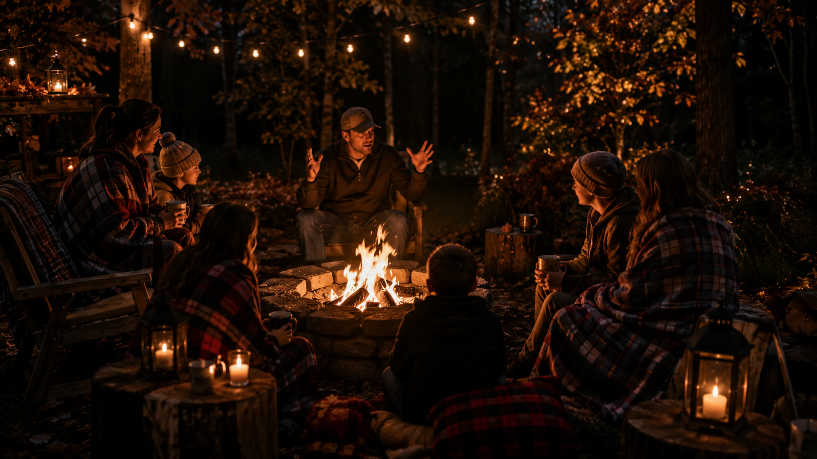 Family gathered around a backyard bonfire at night, wrapped in plaid blankets and telling ghost stories.