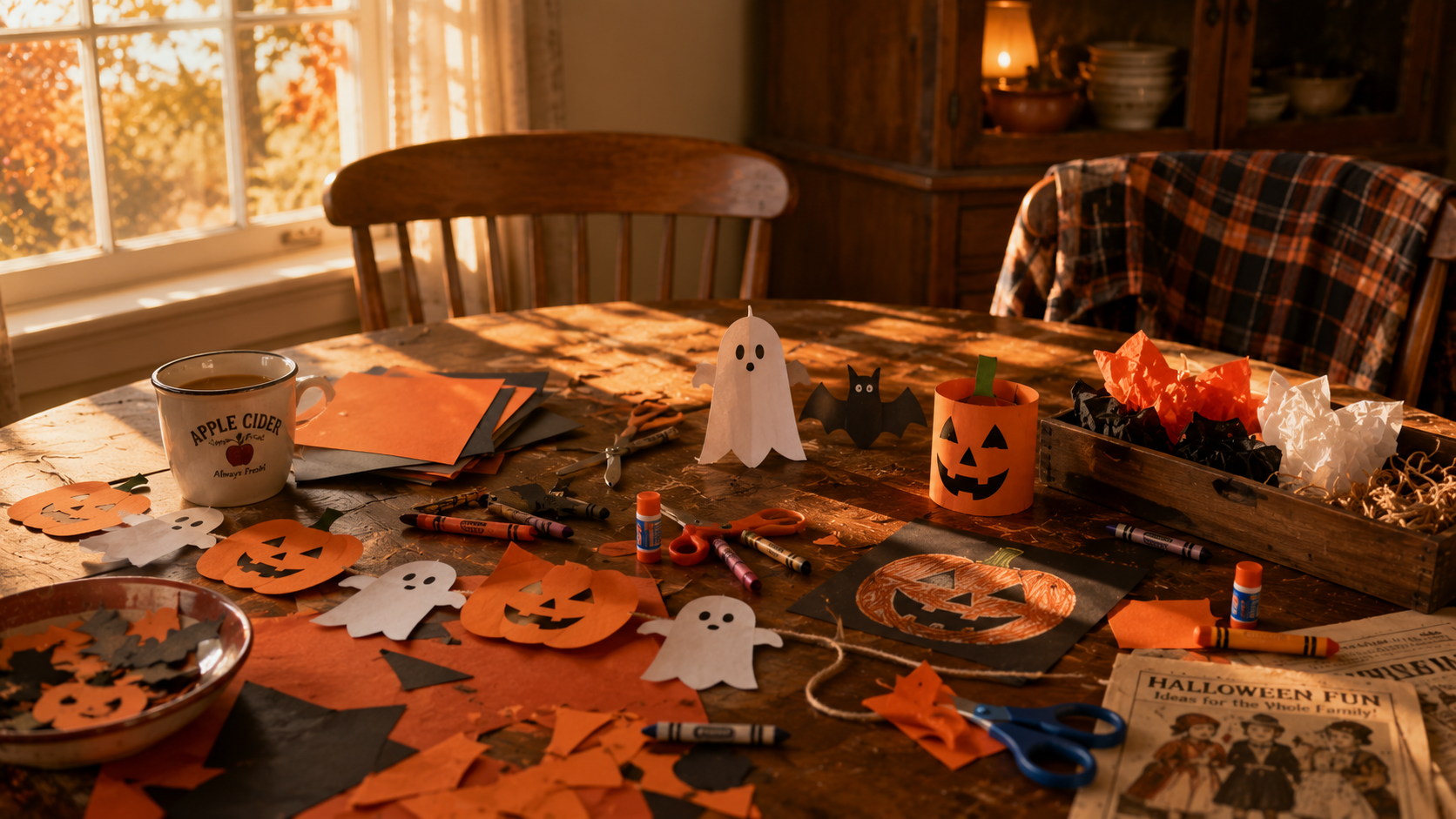 Kitchen table covered in construction paper ghosts, bats, and jack-o'-lanterns for a homemade Halloween craft project.