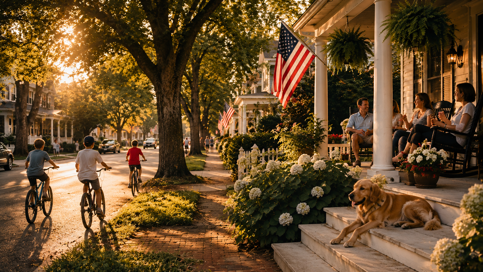 Tree-lined neighborhood with children riding bicycles past historic homes while neighbors relax and chat on front porches during golden hour.