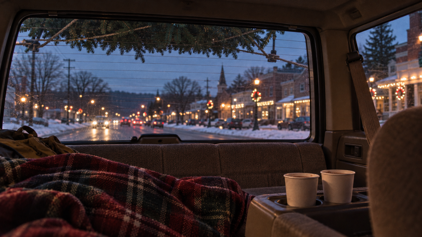 Christmas tree tied to the roof of a family car during a winter drive through a small town decorated with holiday lights.