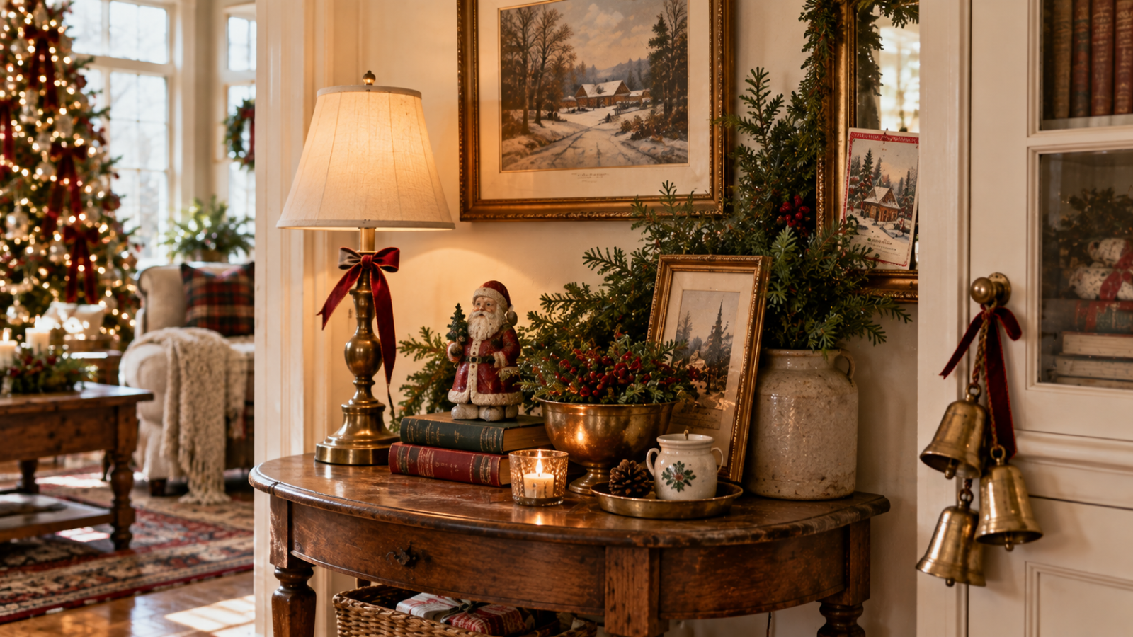 Vintage Christmas entryway table with a brass lamp tied in a velvet ribbon, a antique Santa figurine, stacked books, evergreen and red berries in a brass bowl, framed winter prints, and sleigh bells hanging on the door