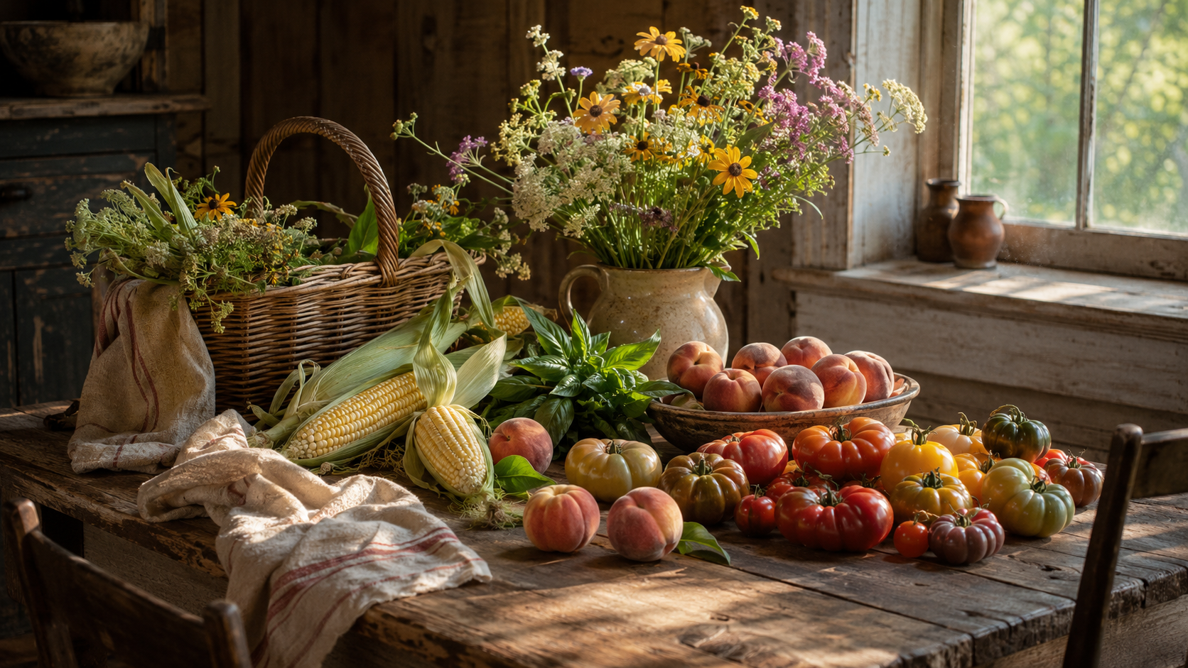 Rustic farmhouse table with heirloom tomatoes, corn, peaches, and basil, plus a basket and pitcher of wildflowers in a sunlit cabin.