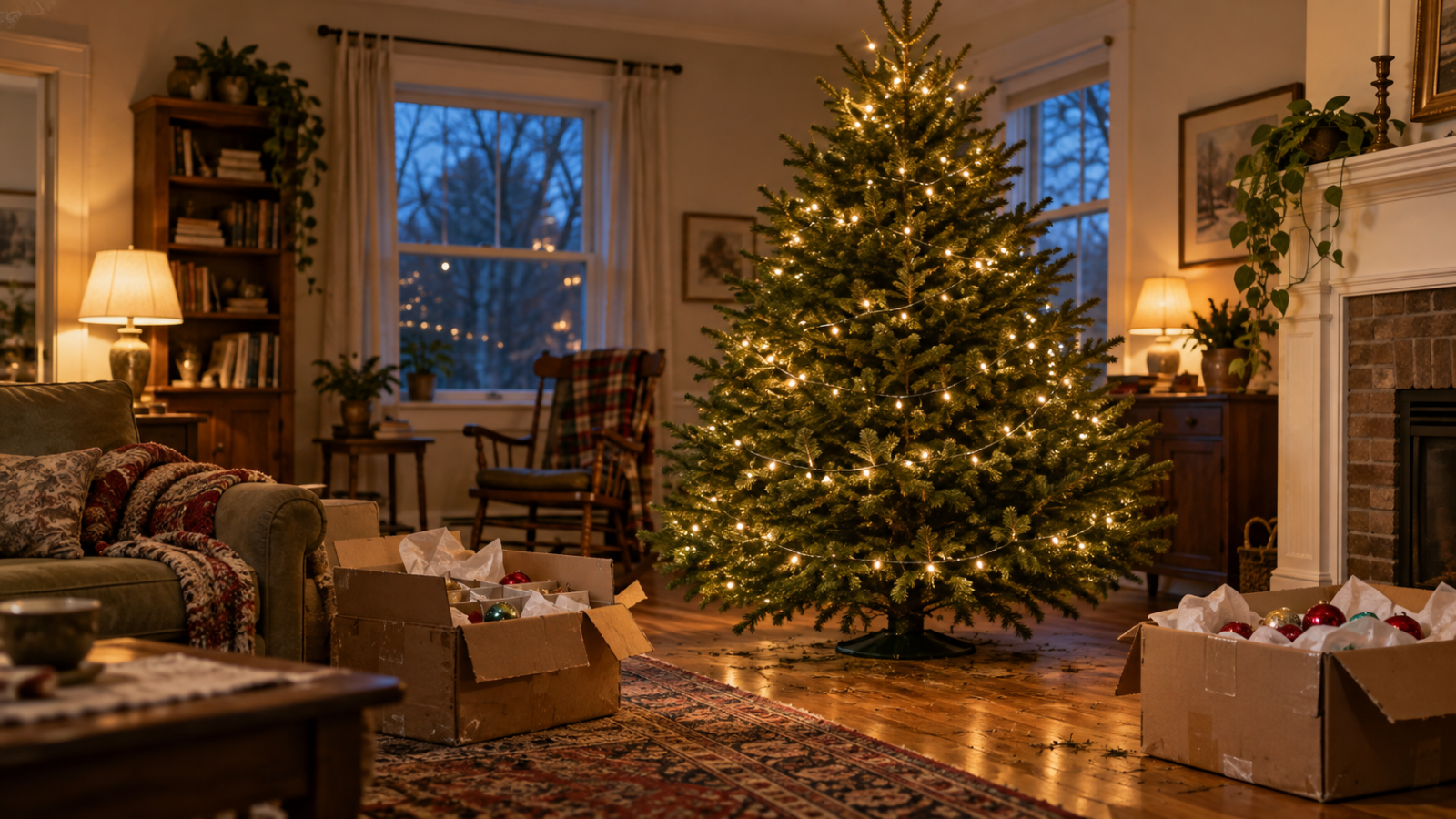 Fresh Christmas tree glowing with warm lights in a lived-in family room, with open ornament boxes waiting nearby.