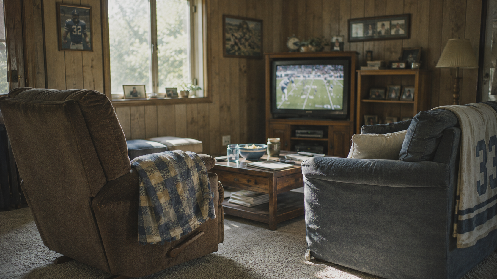 Two worn recliners facing an old television playing a football game in a wood-paneled living room, checked blanket draped over the armrest