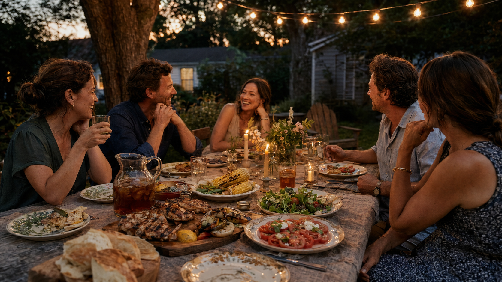 Friends laughing around an outdoor dinner table at dusk, with grilled food, candles, and string lights overhead.