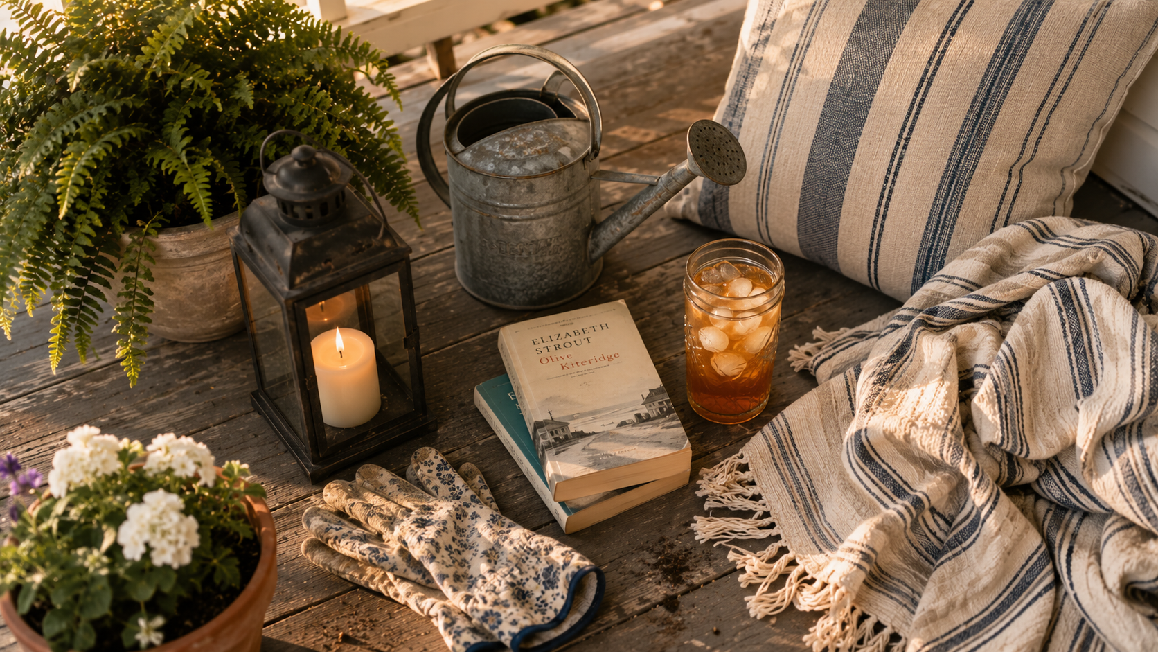 Editorial flat lay of front porch essentials including a lantern, gardening gloves, watering can, iced tea, striped throw blanket, fern, and books on weathered wood.