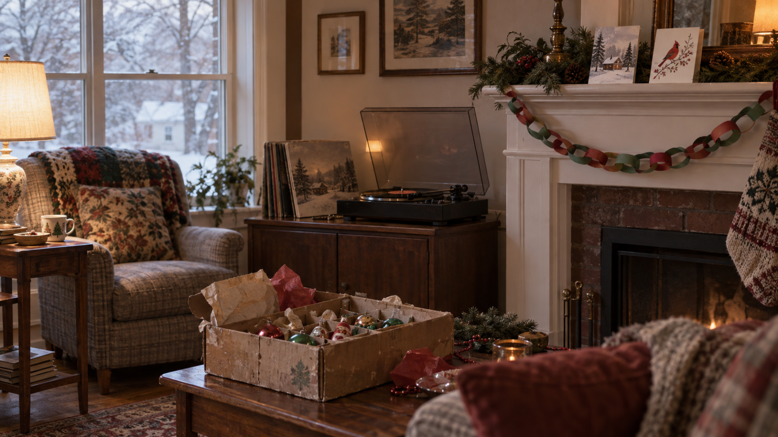 Cozy living room with a record player, paper chain garland, Christmas cards and an open box of vintage ornaments beside a glowing fireplace.