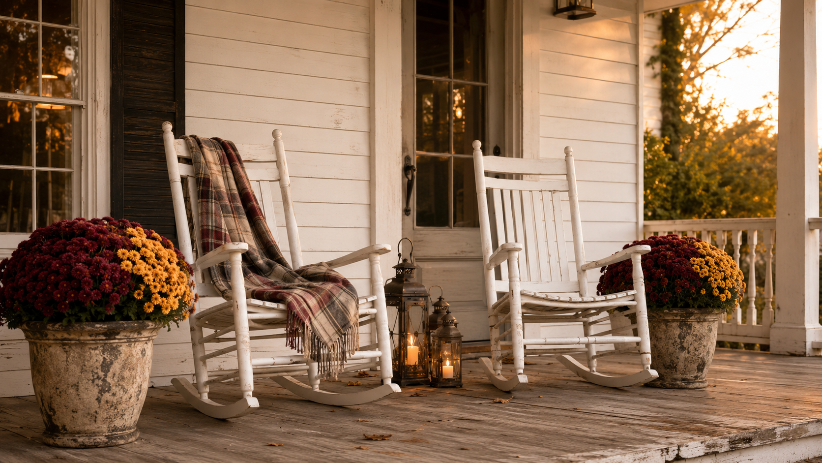 Two white rocking chairs on a front porch at sunset, flanked by pots of mums with a plaid blanket and lanterns nearby