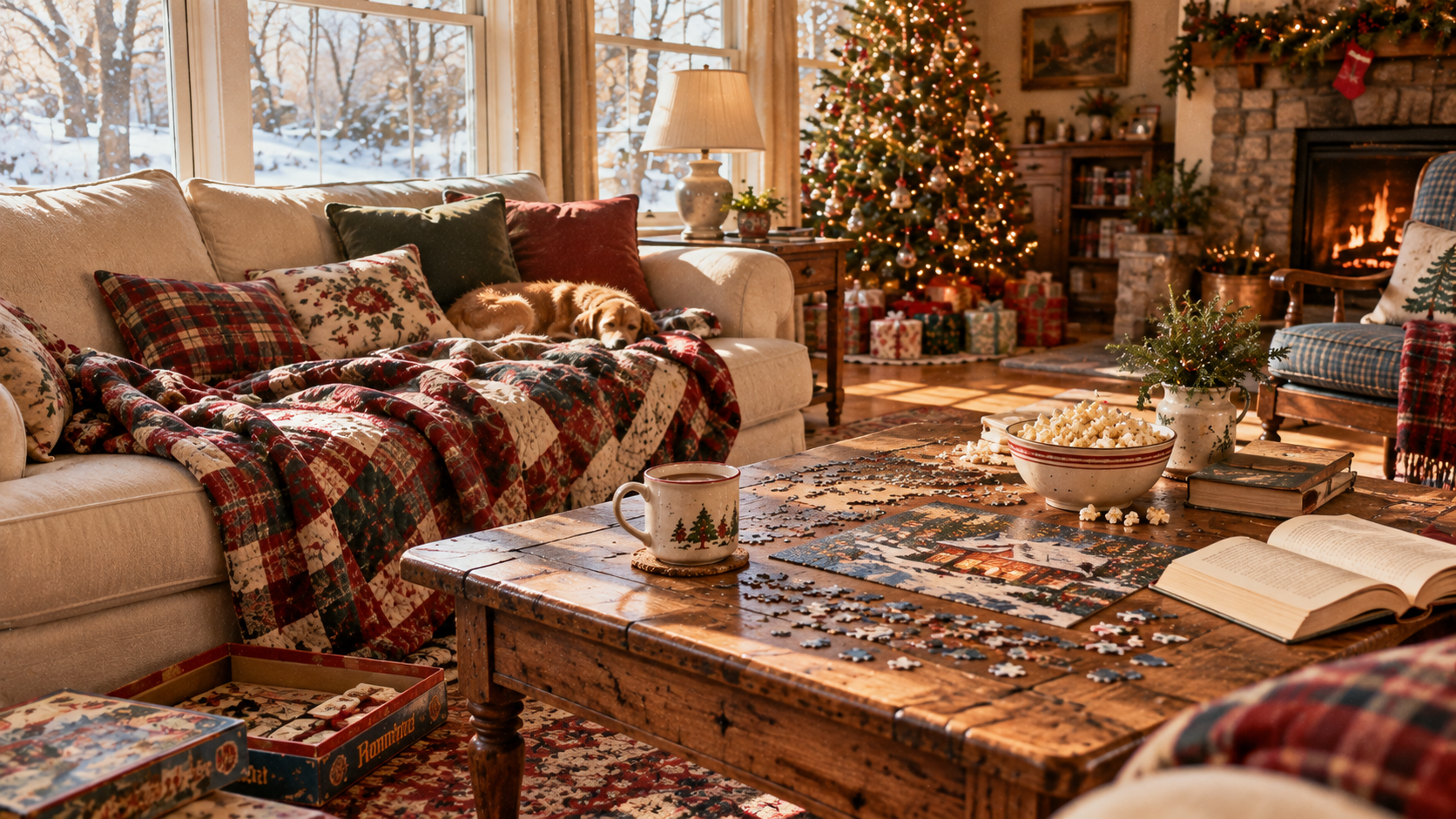 Sunny living room with a half-finished puzzle and an open book on the coffee table, plaid blankets on the sofa and a dog napping by the Christmas tree