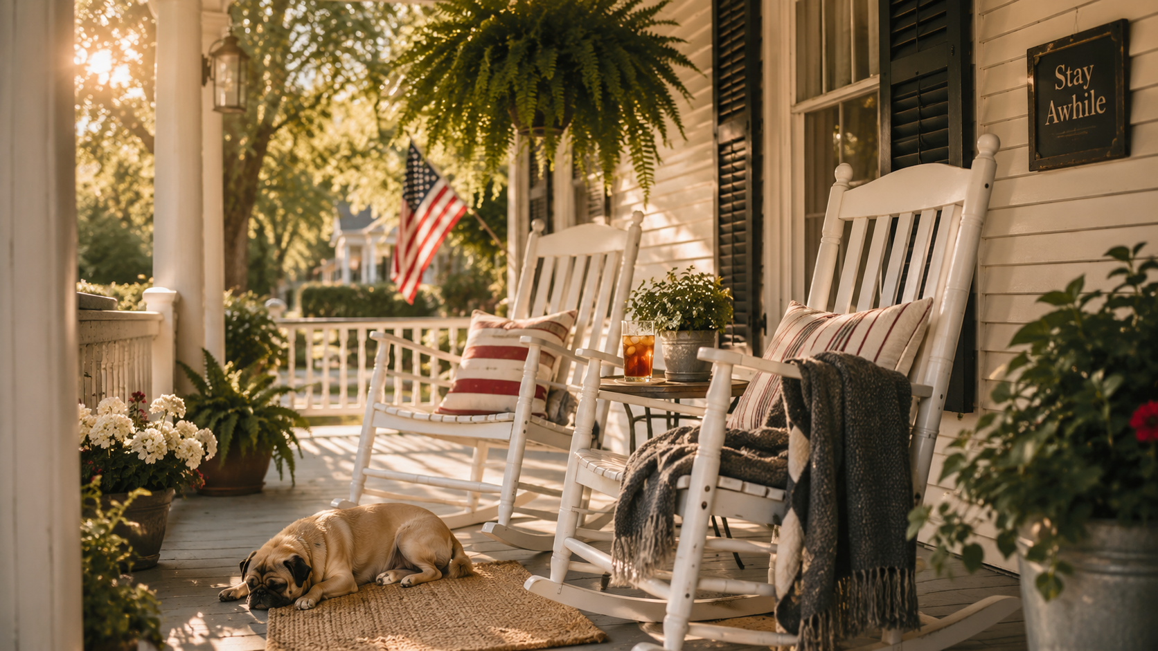 Cozy front porch with white rocking chairs, a sleeping pug, hanging ferns, neutral throw blankets, and iced tea in warm afternoon sunlight.