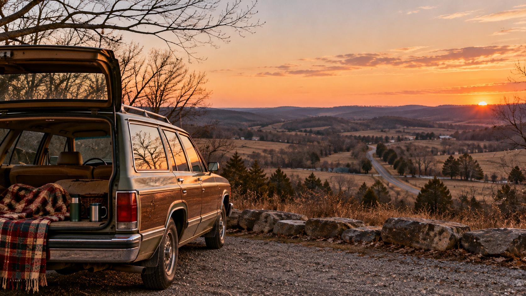 Vintage wood-paneled station wagon with its tailgate open and plaid blankets inside, parked on a hilltop overlook at sunset