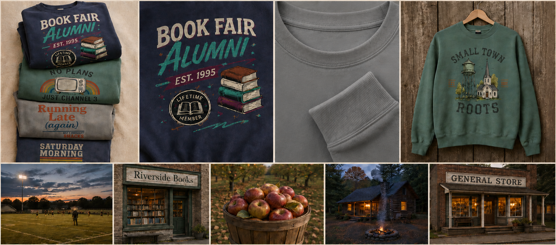 Folded nostalgic graphic sweatshirts, including Book Fair Alumni and Small Town Roots, alongside autumn storefront and cabin scenes