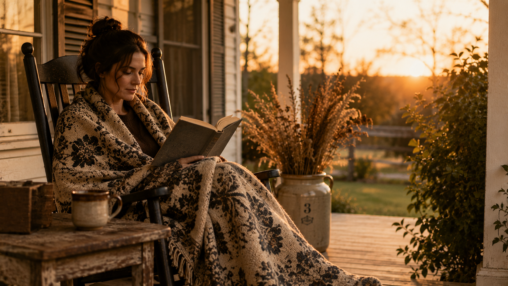 Woman wrapped in a floral blanket reading on a porch rocking chair at sunset, with a mug and dried grasses nearby.