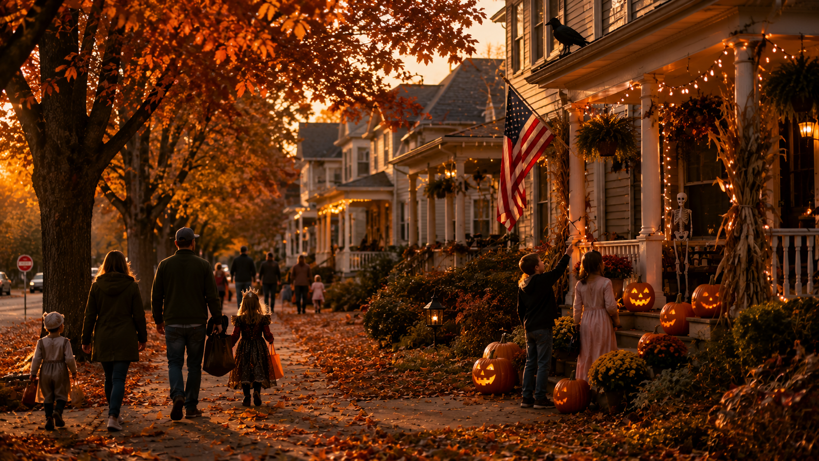 Family walking through a small-town neighborhood at dusk on Halloween, passing porches decorated with jack-o'-lanterns and string lights.