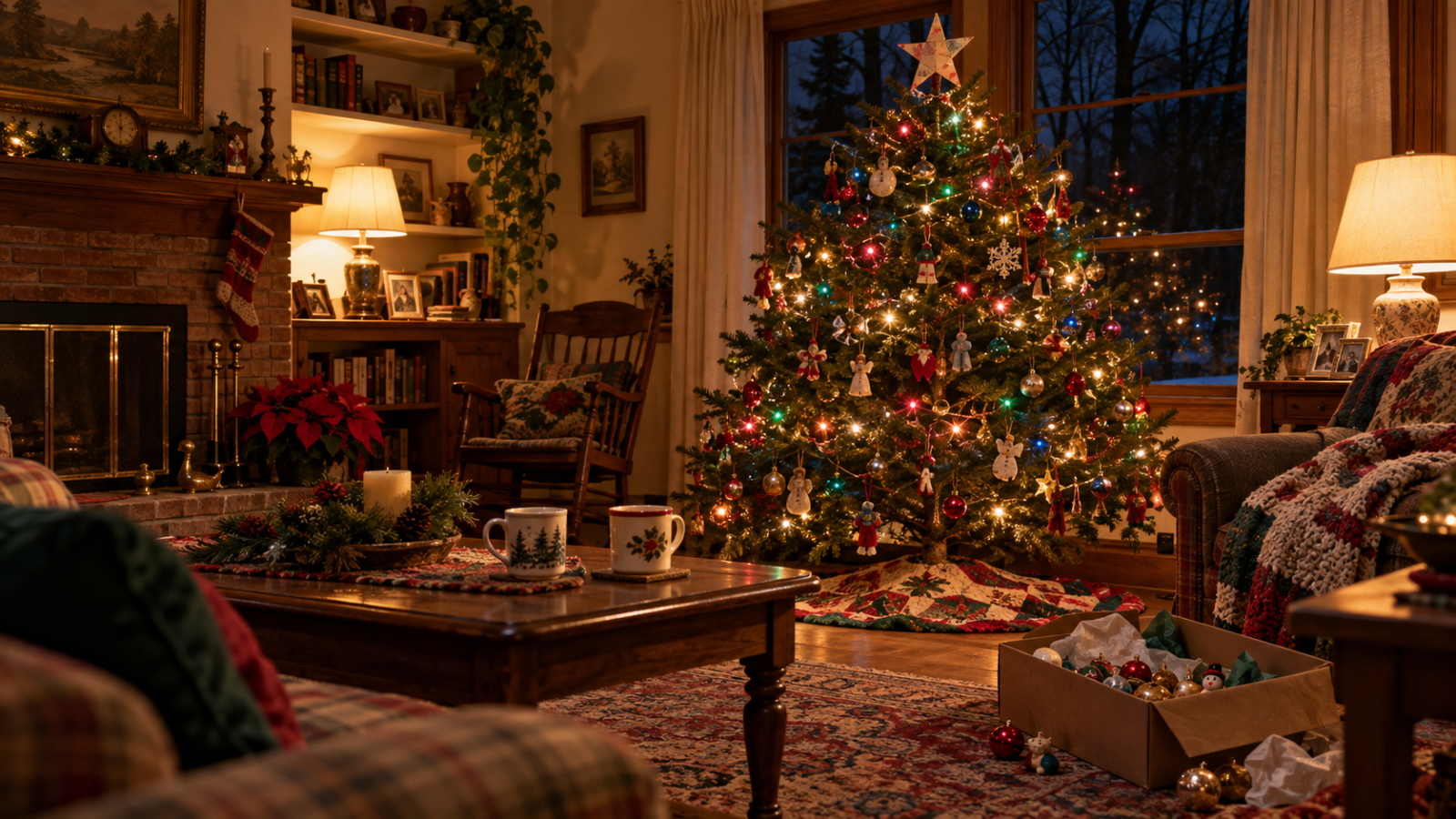 1. Decorated real Christmas tree glowing with colorful lights and mismatched ornaments in a warm, nostalgic family living room.
