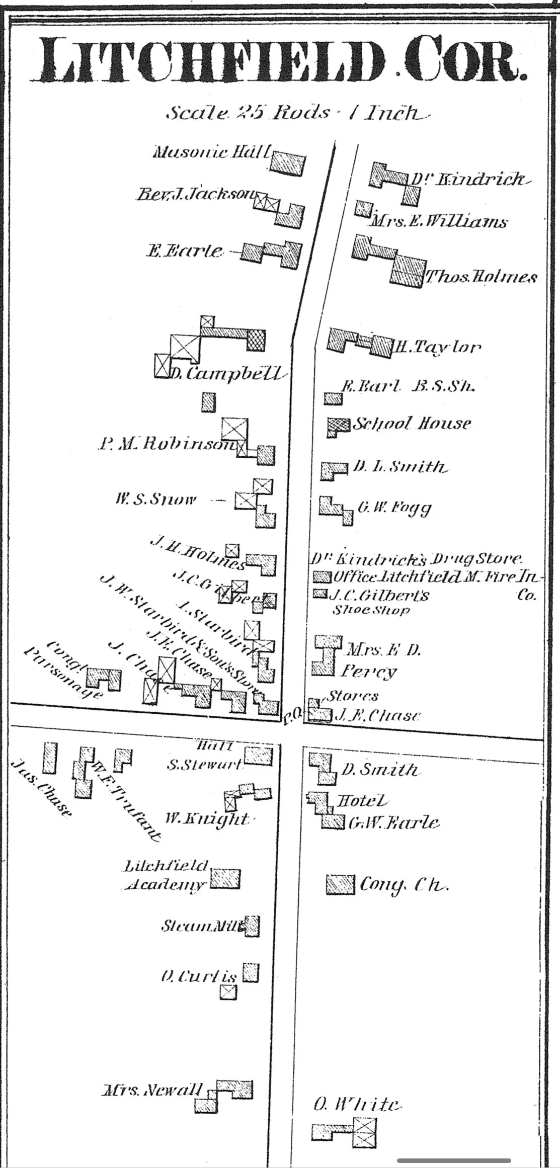 A historical map of Litchfield County showing property owners and buildings, with a scale of 25 rods to 1 inch.