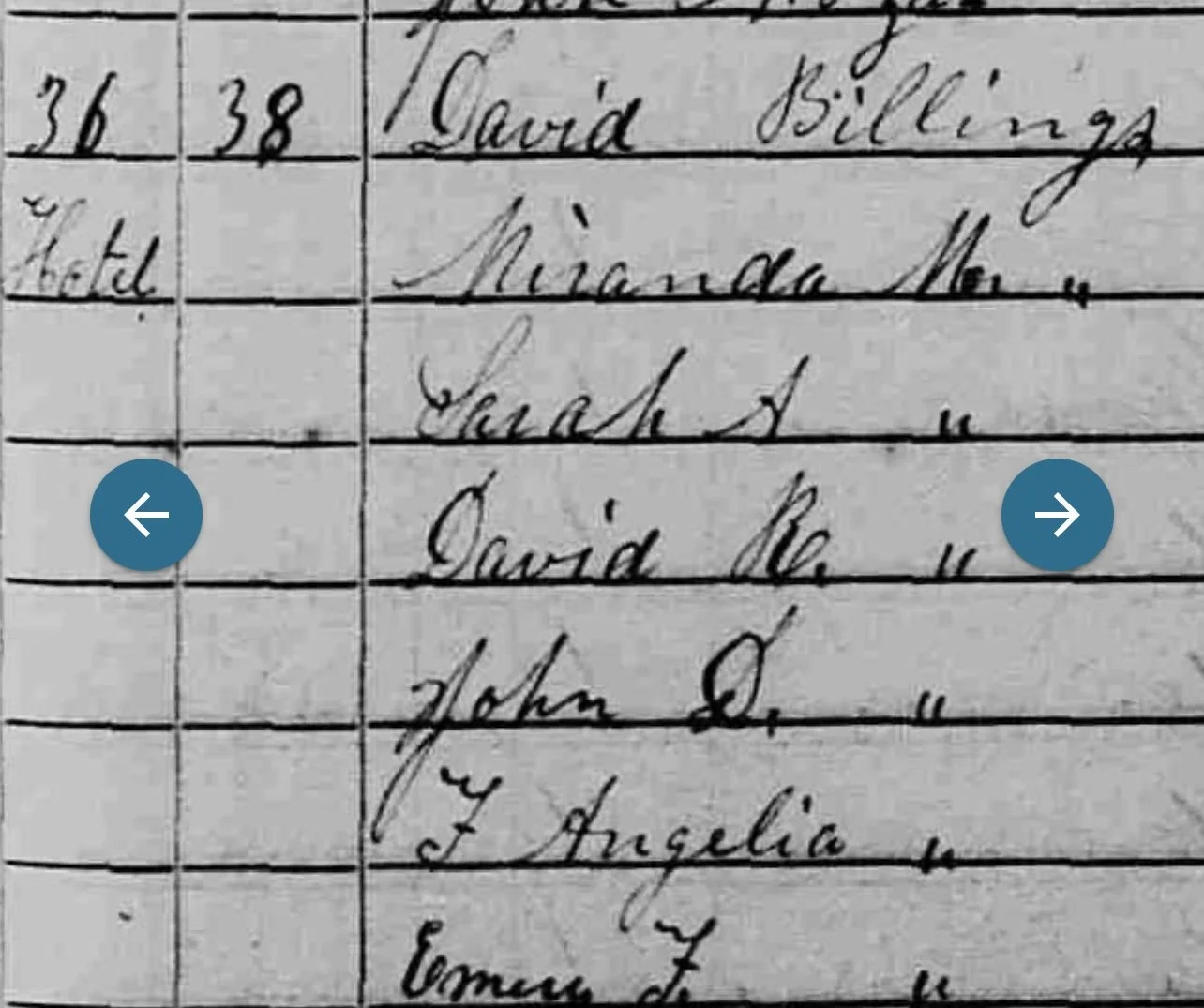 A US census document for the property, showing it was a hotel at the time. With entries including the name David Billing and others, written in cursive on graph paper.