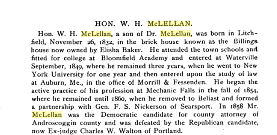 A historical document about Hon. W. H. McLellan, mentioning his birth in Litchfield, education, law practice, and political career.