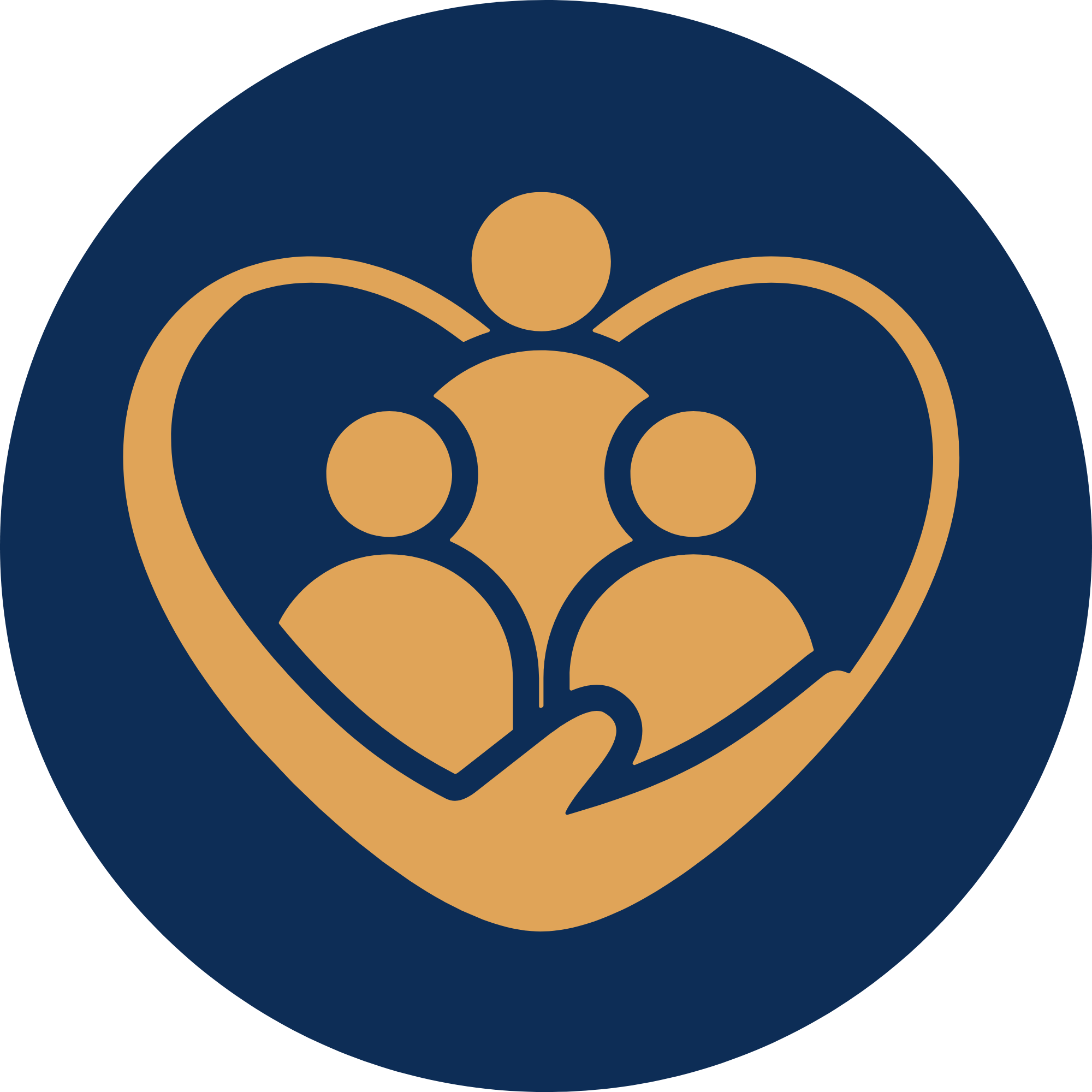 Close-up of a logo featuring a gold stylized person with outstretched arms inside a circular design, set against a dark blue background.