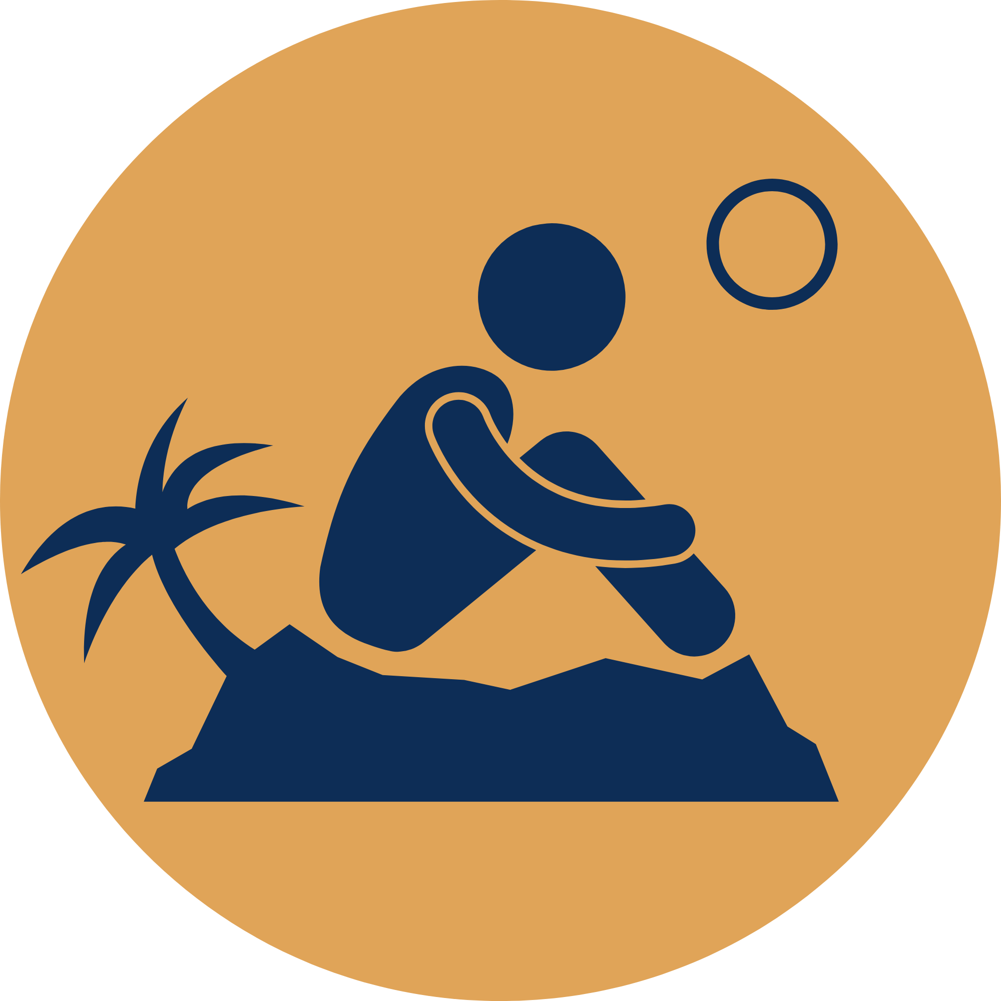 A graphic illustration of a hand reaching out to gently grasp a sprouting plant, set against a gold circular background.