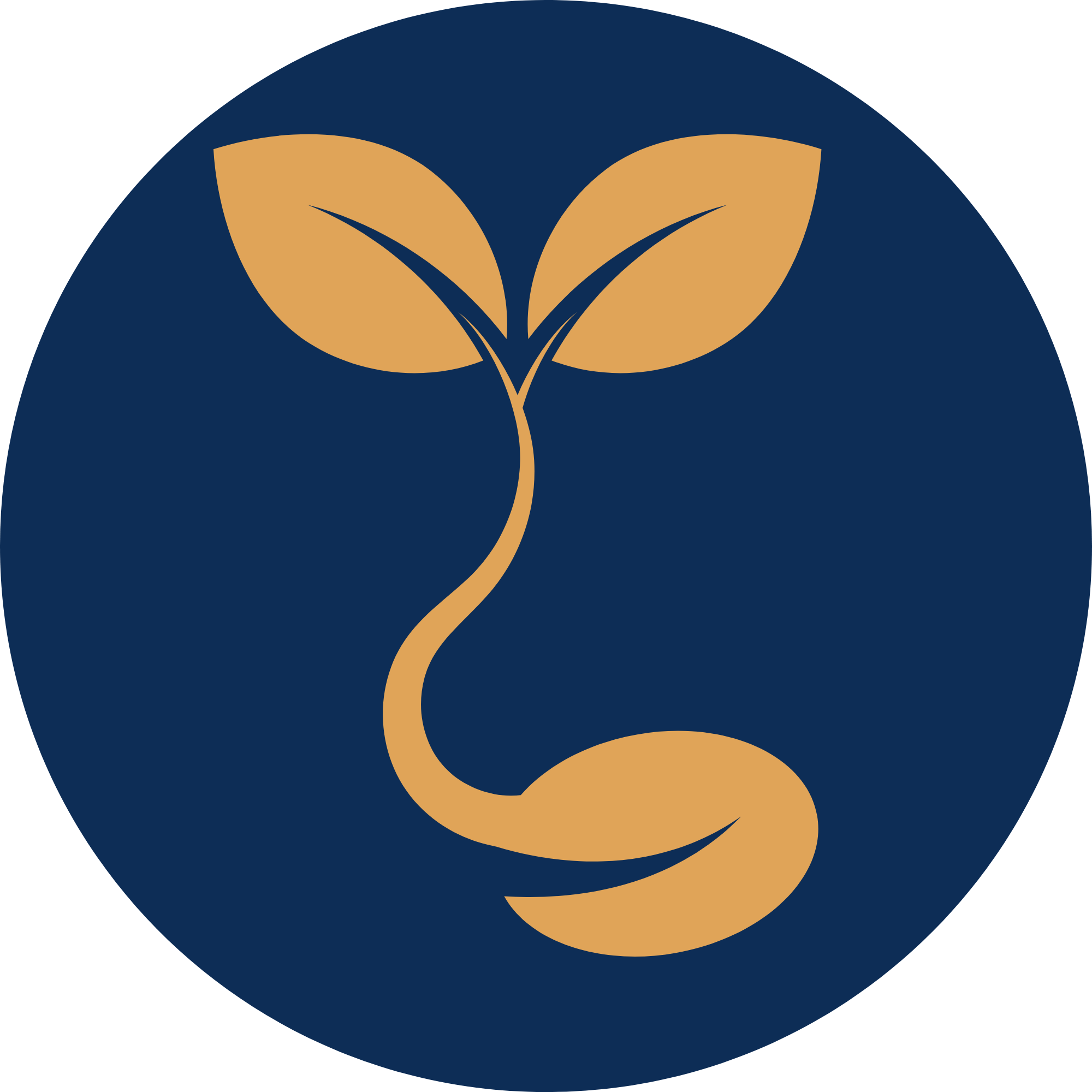 A circular logo featuring a stylized gold leaf or plant on a dark blue background with a curved shape.