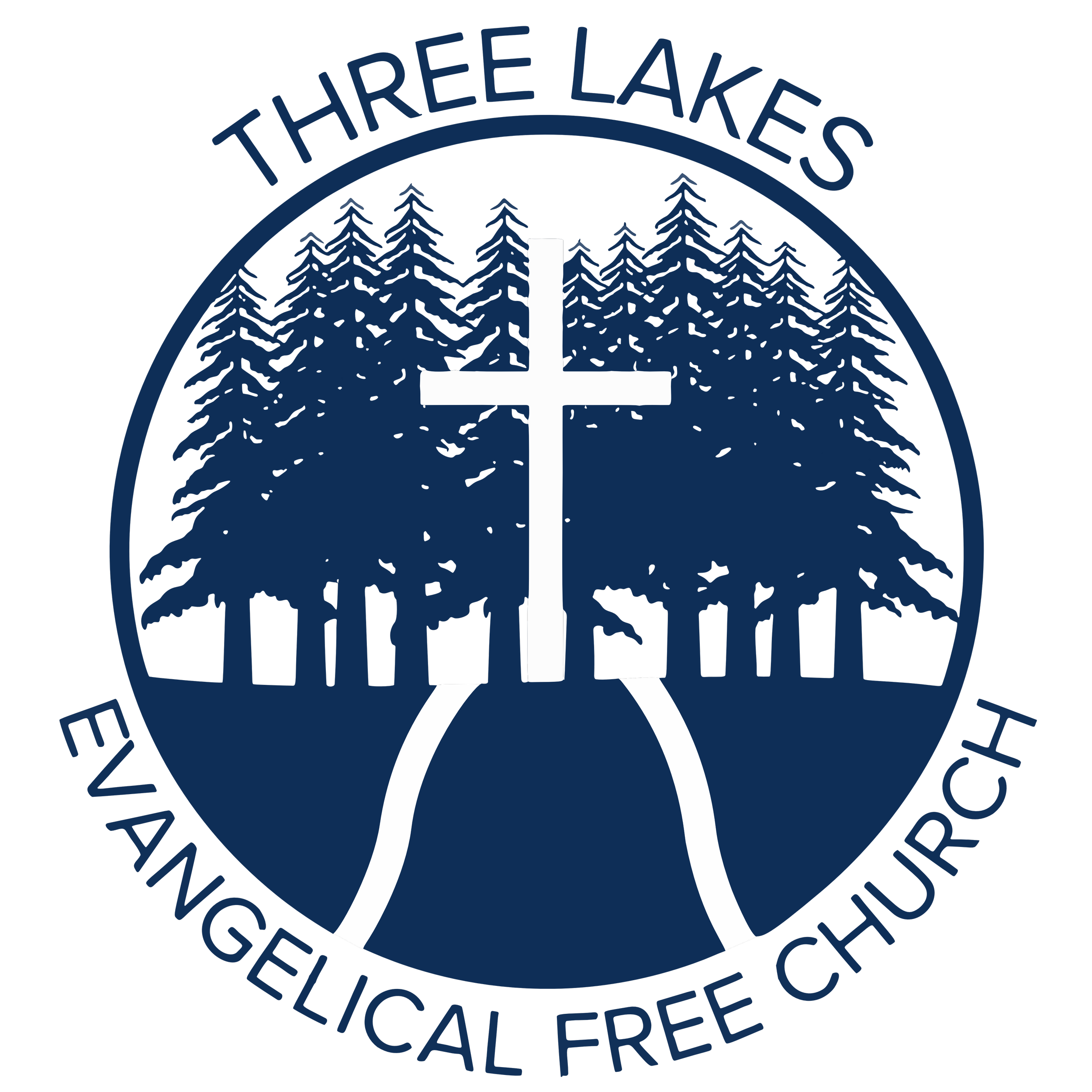 Circular logo featuring a forest of pine trees, a road, and a white cross in the center, with the text 'Three Lakes' and 'Appellate Legal Free' surrounding the design.