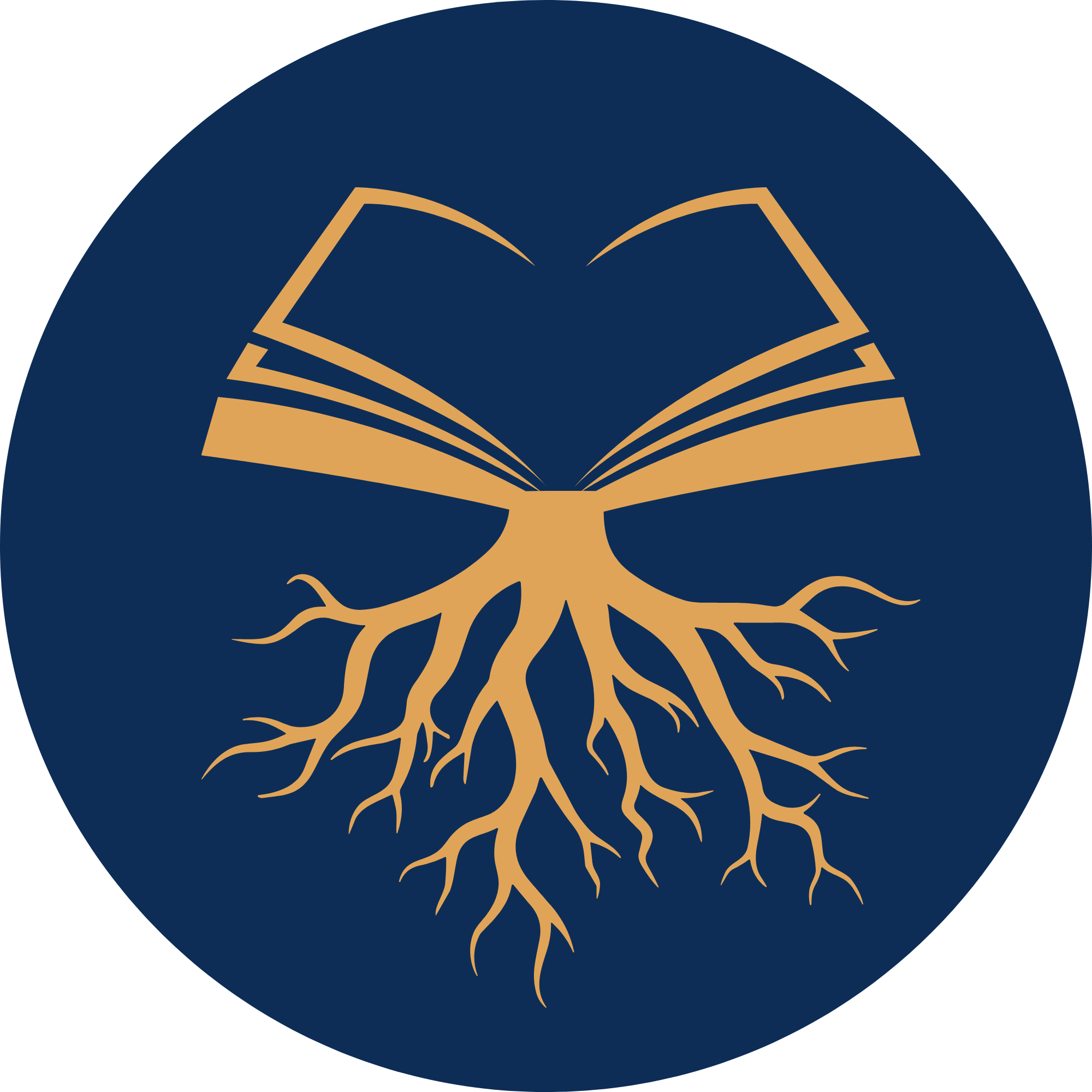 A stylized illustration of a person's head with roots extending from the neck, with a book depicted within the head, all set against a circular navy blue background.