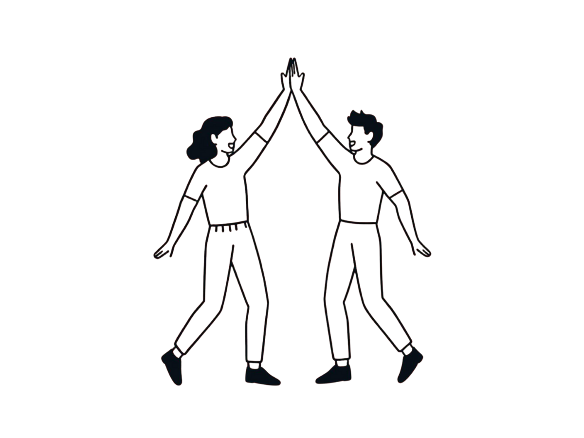Two people high-fiving, standing on one leg each, with one foot touching the other's foot, smiling, wearing casual clothes, isolated on a black background.