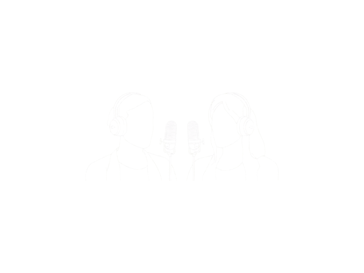 Minimalist white line drawing of a man and woman wearing headphones and singing into microphones on a black background.
