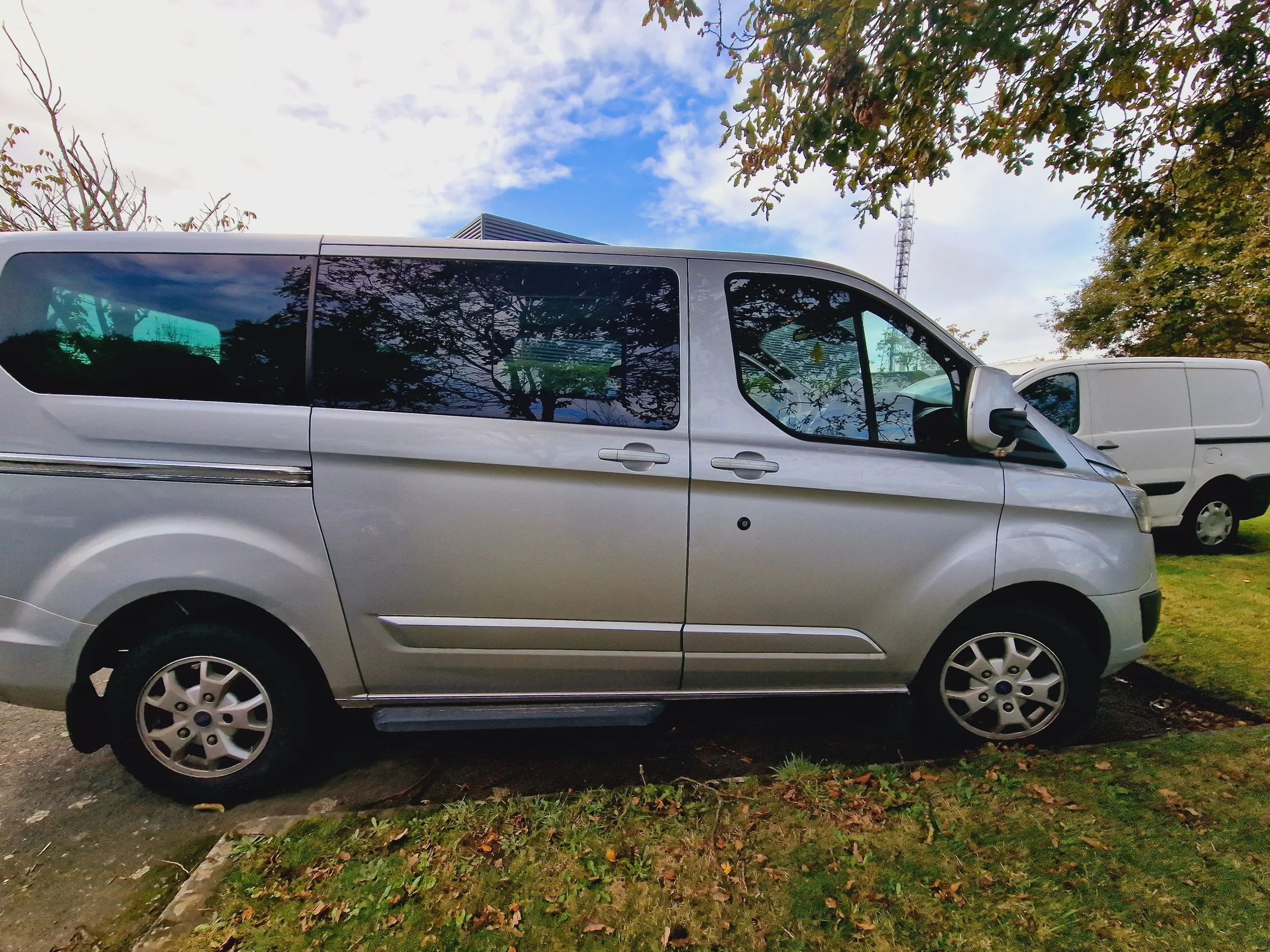 A silver van parked on a grassy area with trees and a partly cloudy sky reflected on its windows.