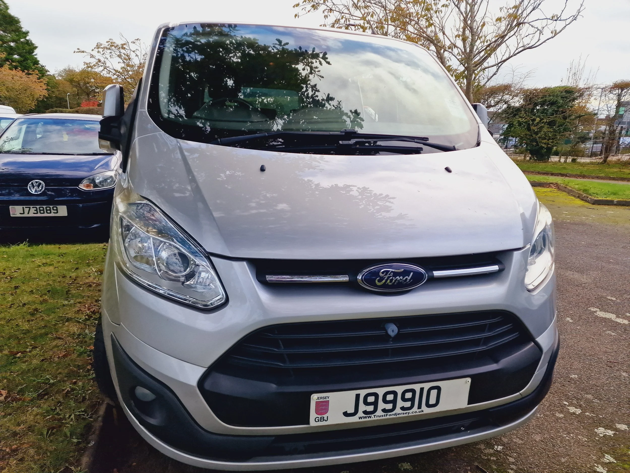 Front view of a silver Ford van parked outdoors, with trees and additional vehicles in the background.