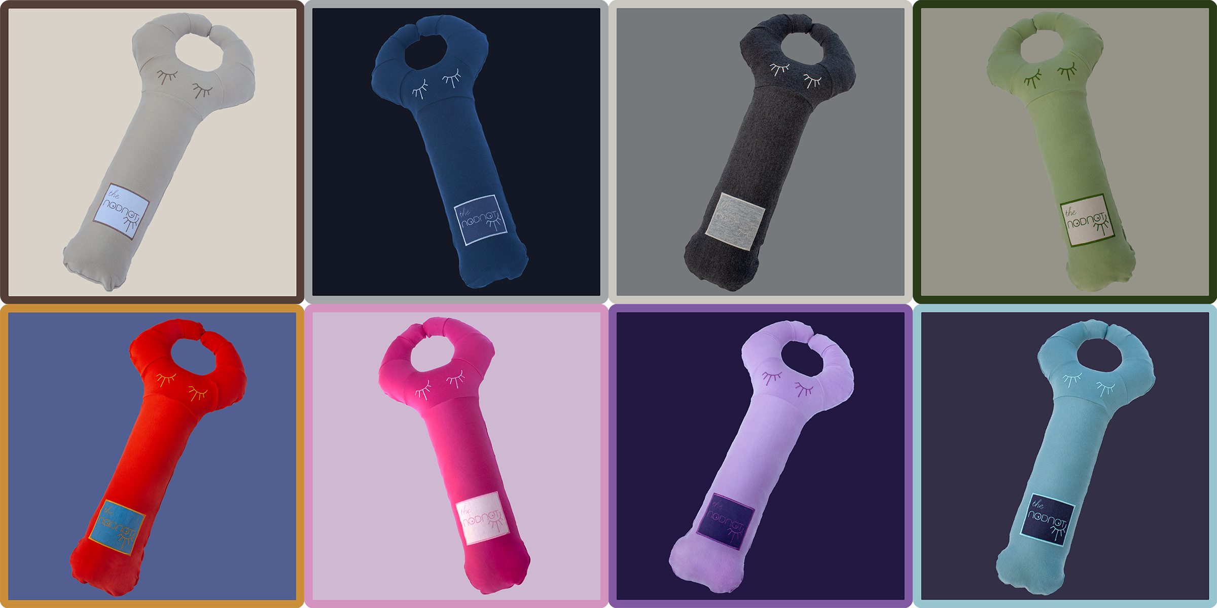 Collage of eight NODNOT travel pillows in various colors, each featuring embroidered closed eyes and a label with text 'the NODNOT.'