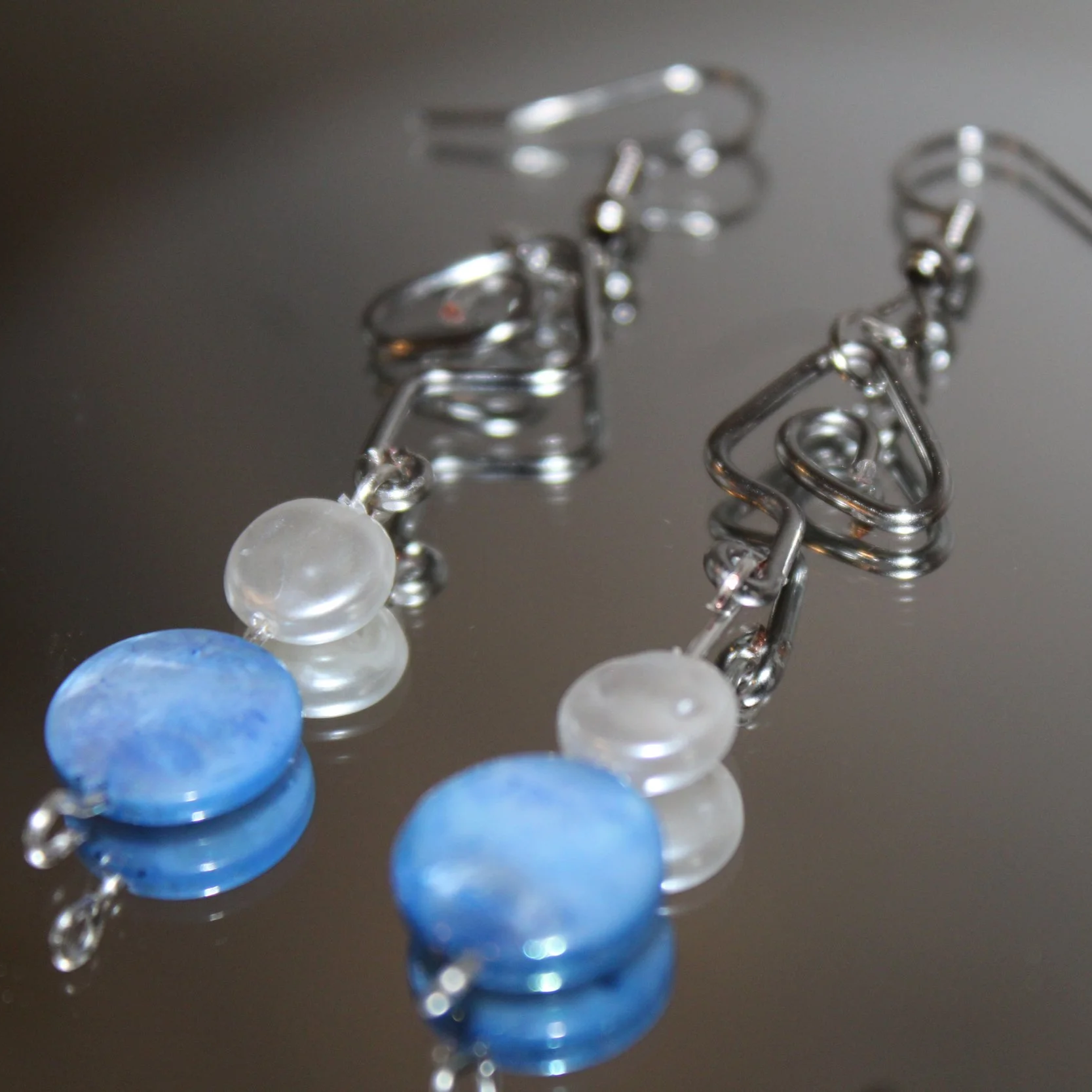 Blue Moon Wire-Wrapped Dangle Earrings · Handmade Silver Tone Glass Bead Earrings