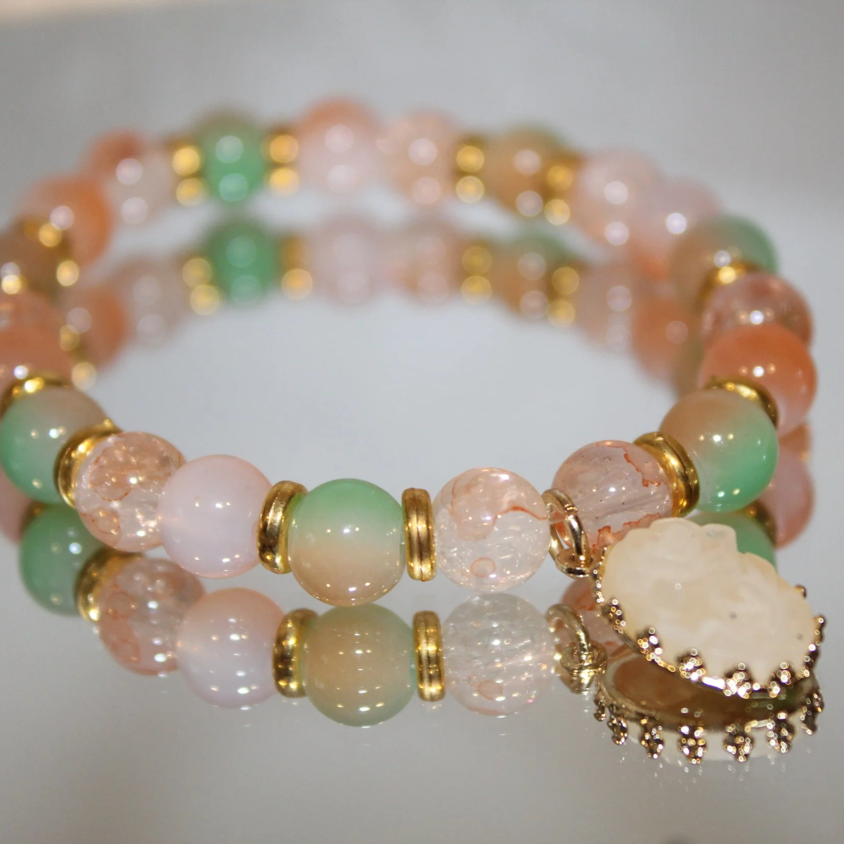 Blush Garden Bracelet – Handmade Pastel Stone Bracelet with Cameo Charm