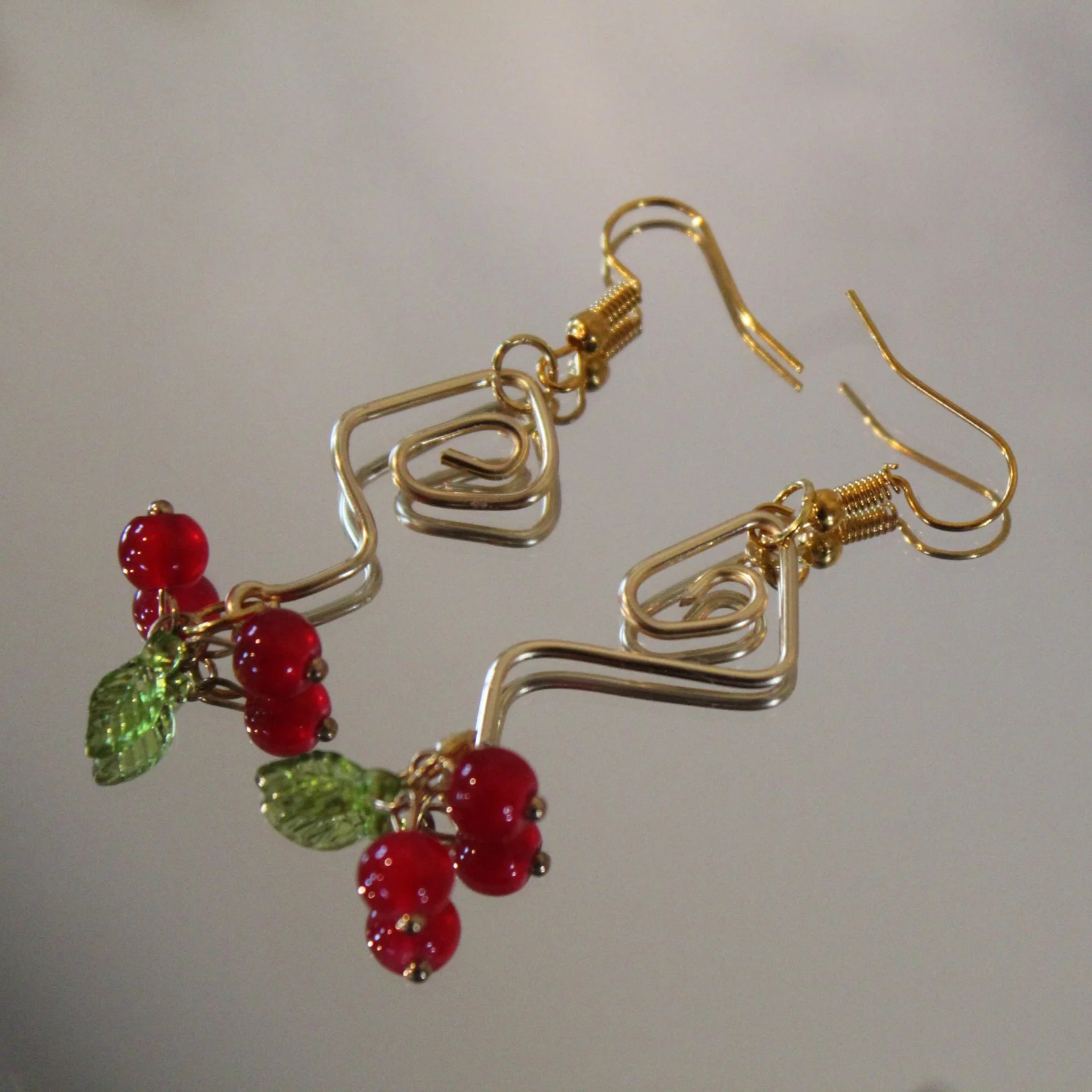 Cherry Muse Wire-Wrapped Earrings · Gold Tone · Handmade Glass Beads
