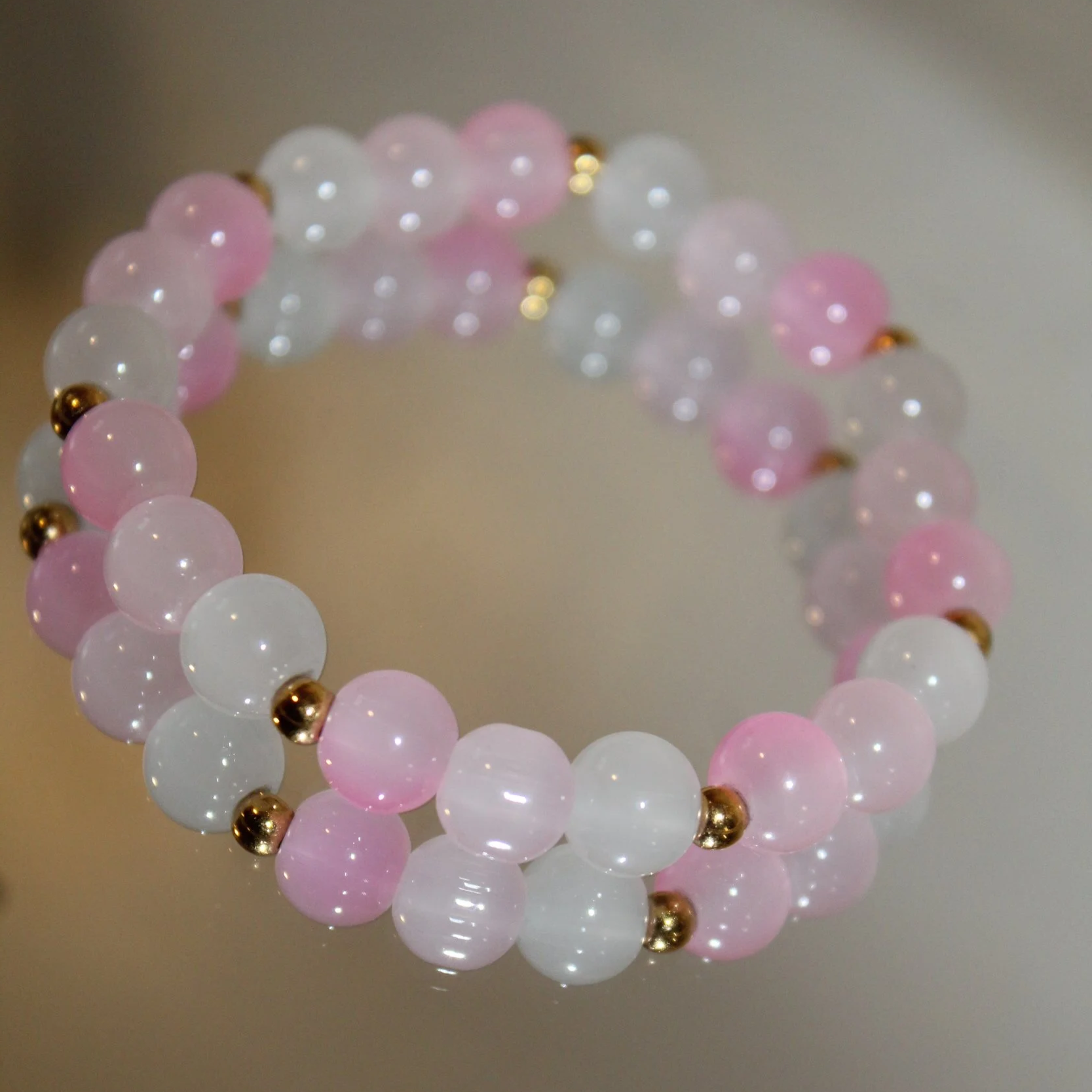 Blush Harmony Beaded Bracelet · Pink & White Stretch Bracelet with Gold Accents
