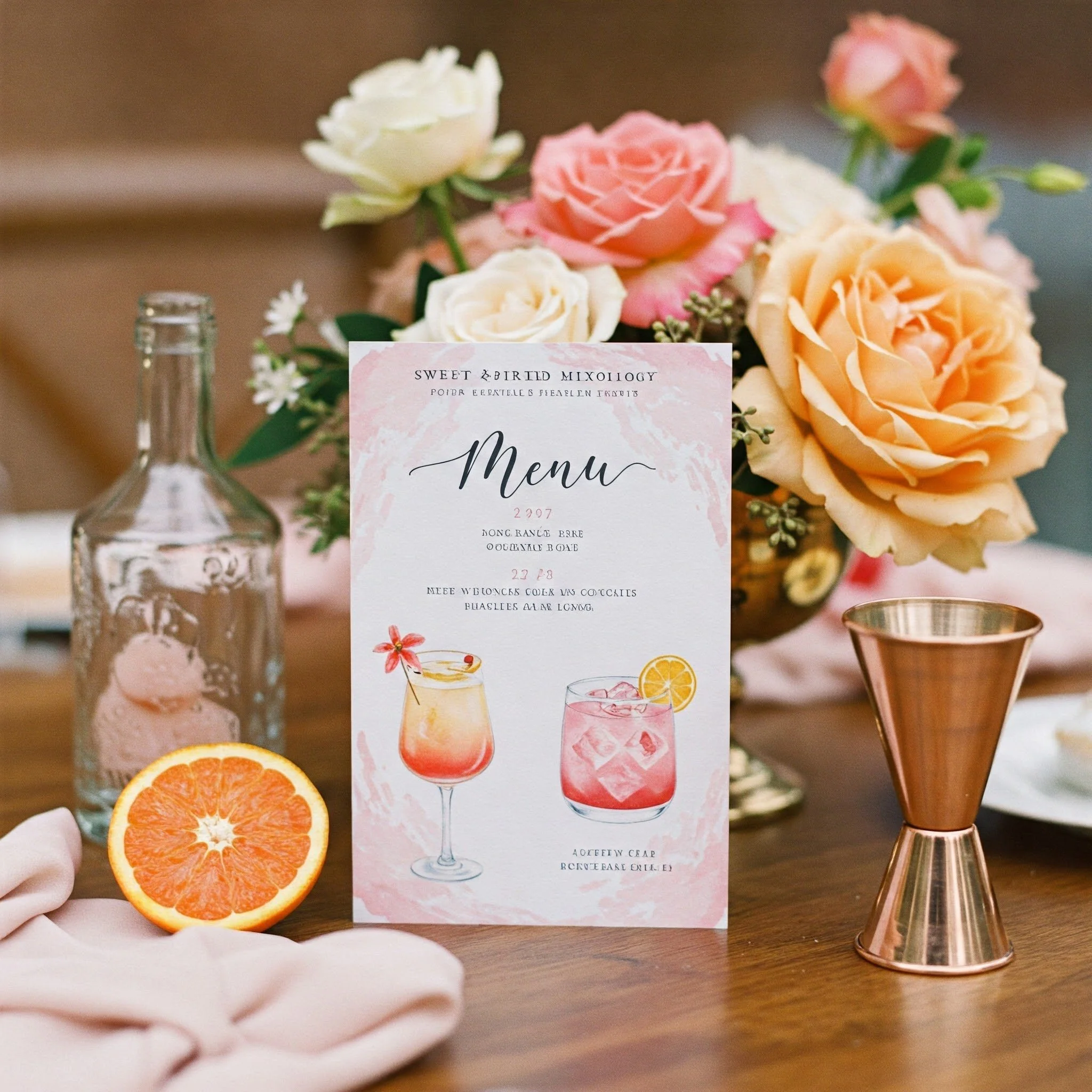 Decorative setup featuring a cocktail menu with floral bouquet, orange slice, empty clear bottle, and copper jigger on wooden table.