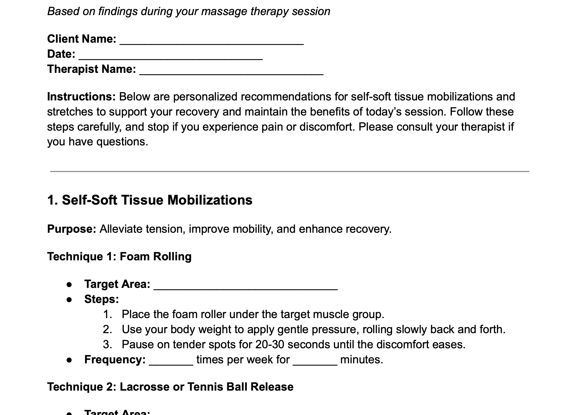 Self-Care Form for Client