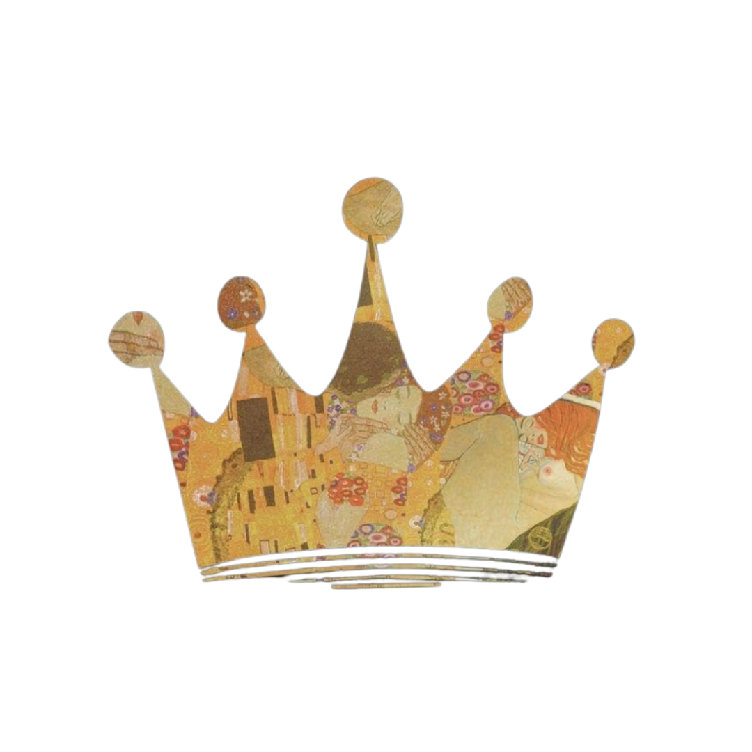 A gold crown with artwork from 'The Kiss' by Gustav Klimt on it, set against a black background.