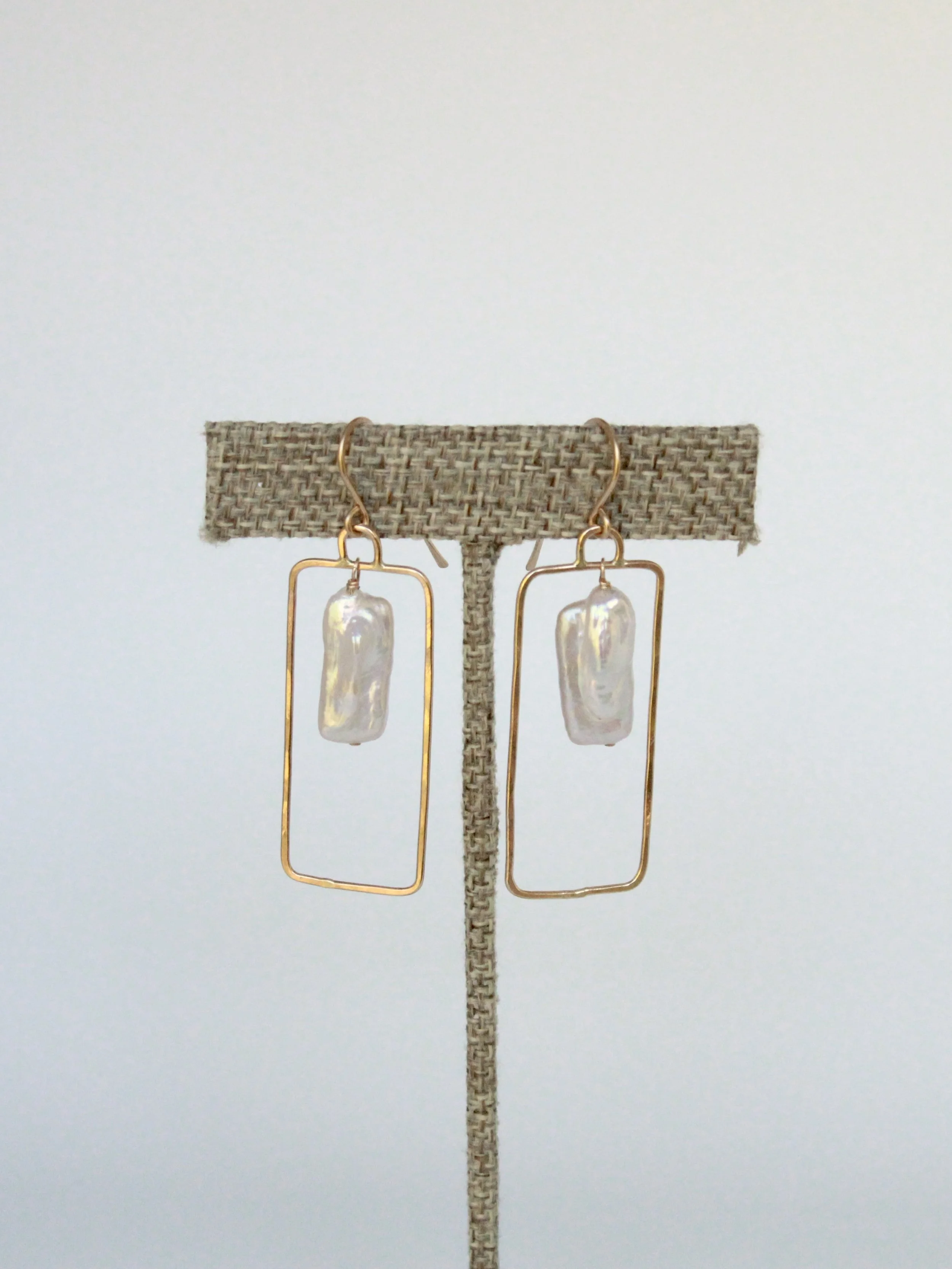 14k Gold Filled Rectangle Hoop with Large Biwa Pearls