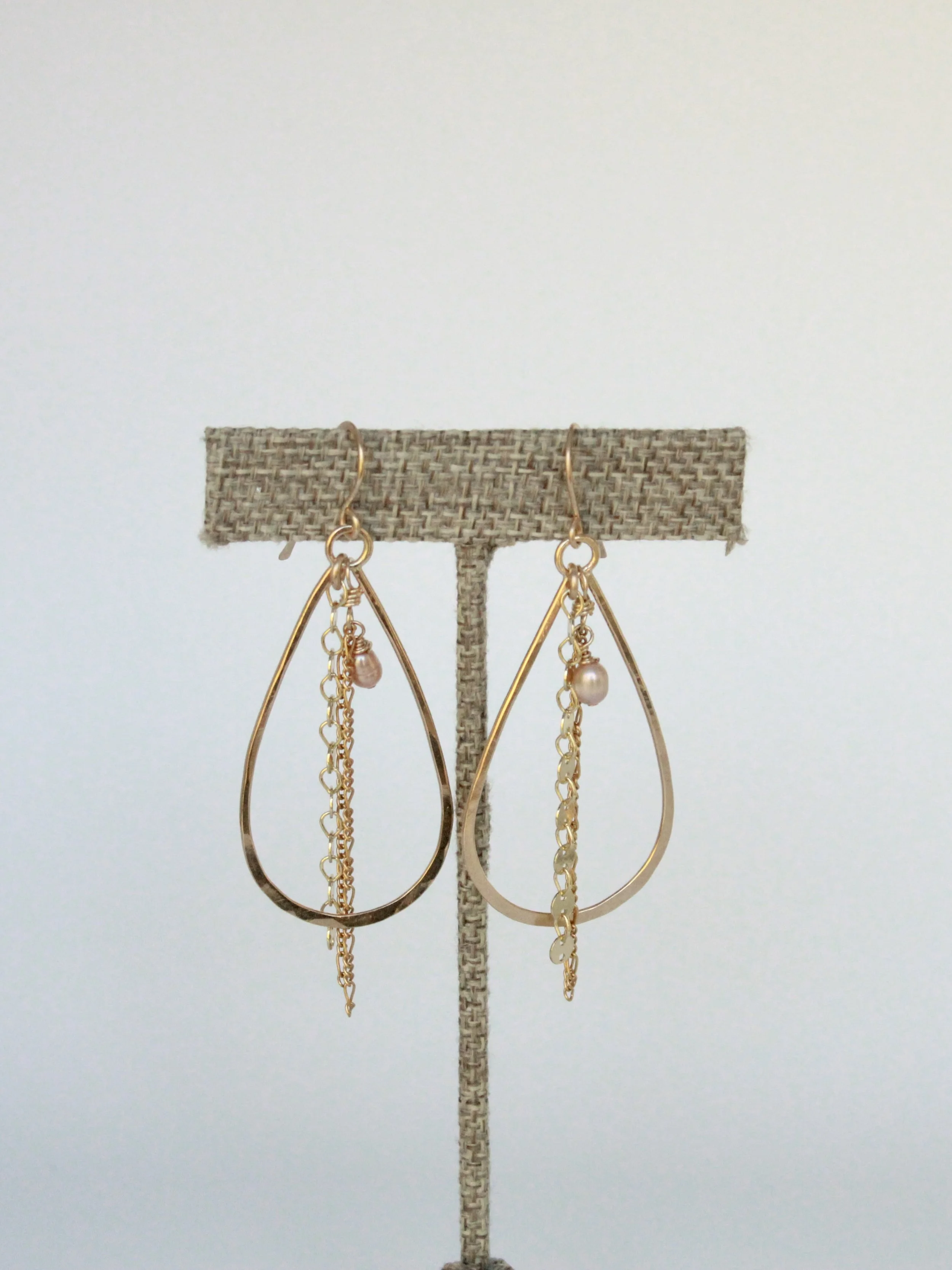 14k Gold Filled Teardrop Hoops with Pink Pearl