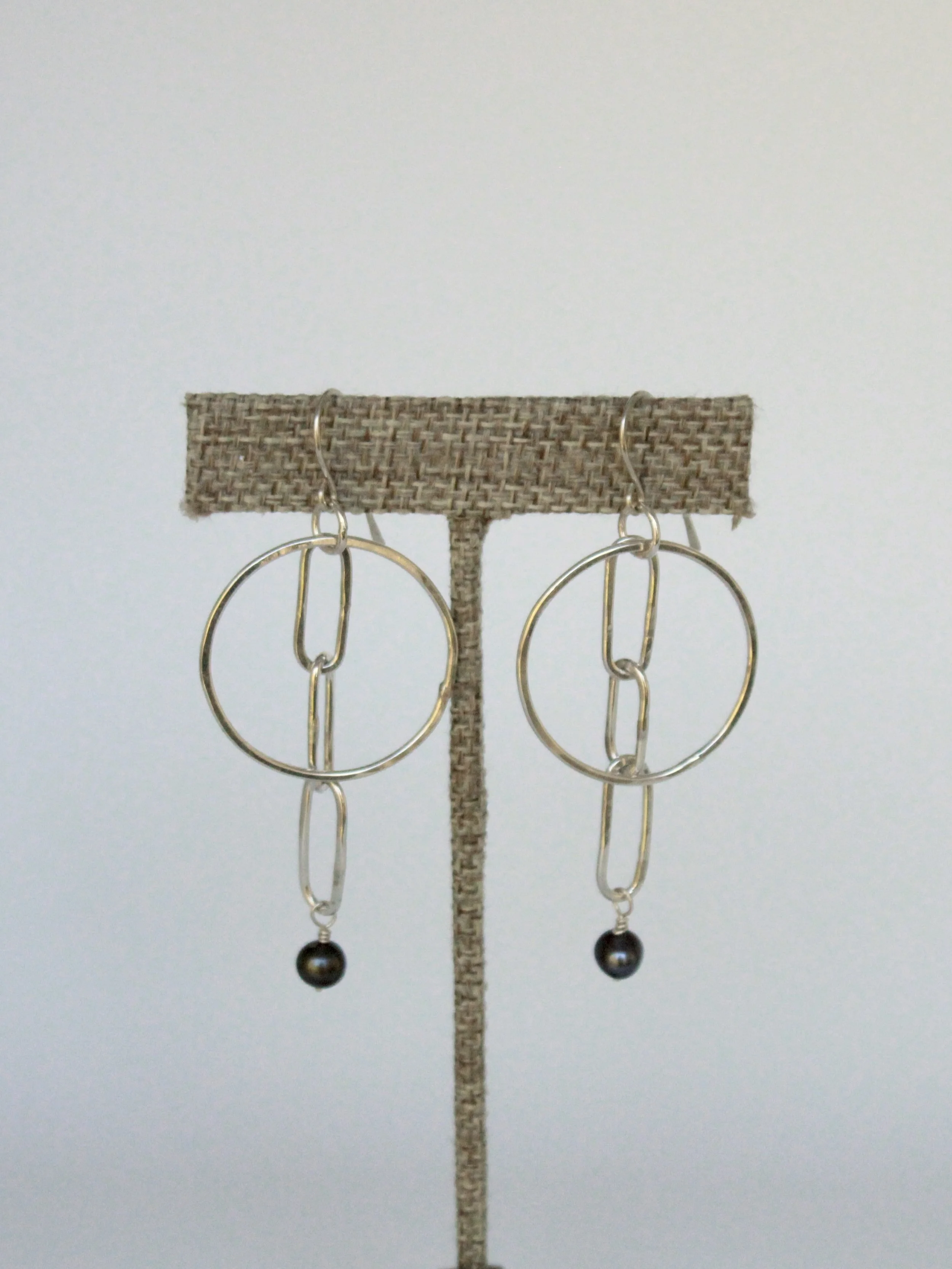 Sterling Silver Chain Link Hoops with Blue Pearls