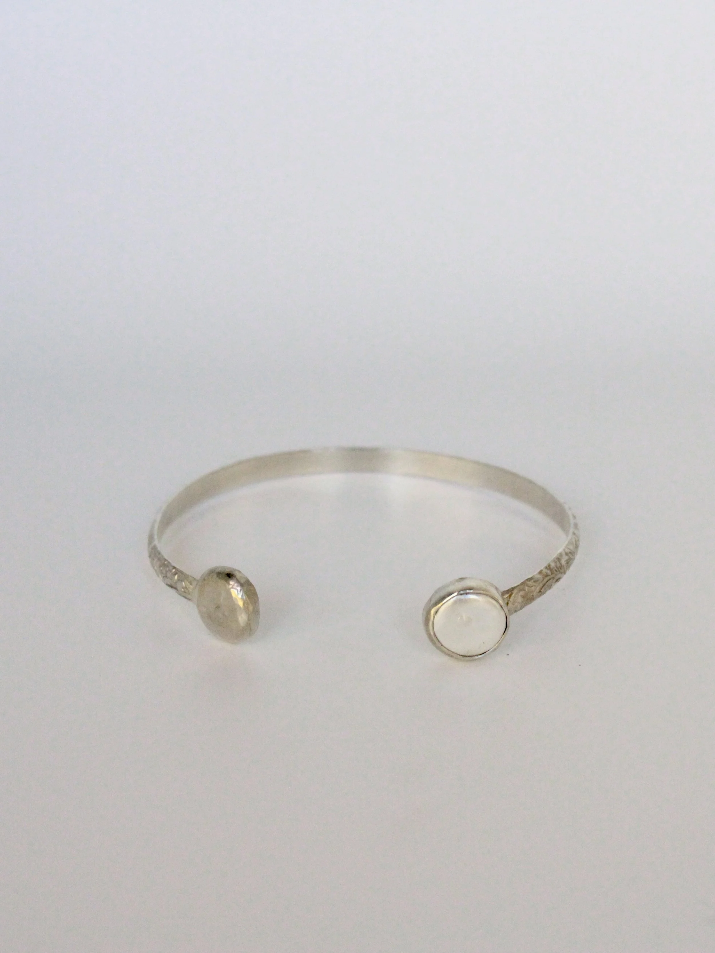 Sterling Silver Round Freshwater Pearl and Hammered Coin Cuff