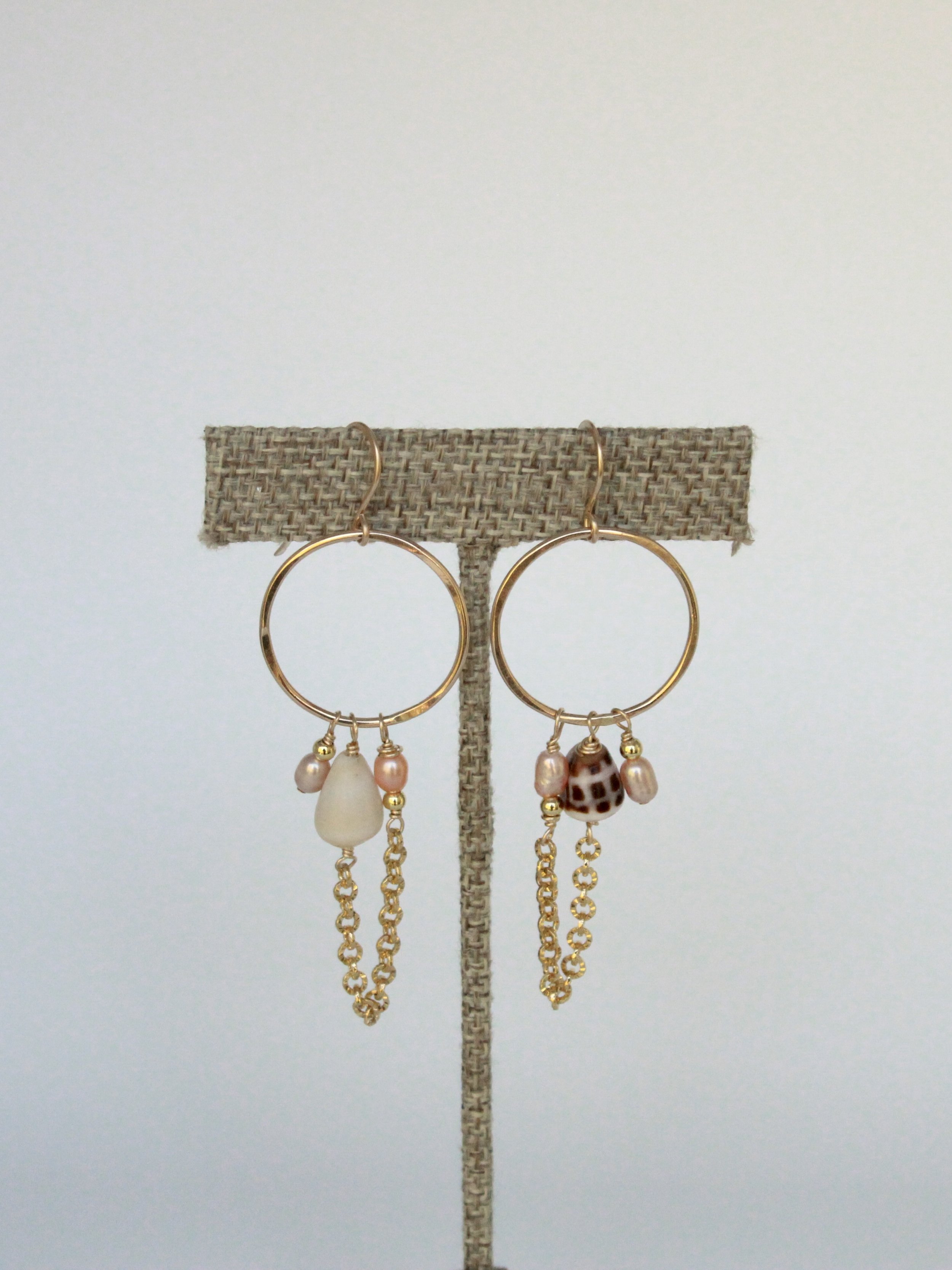14k Gold Filled Cone Shell & Pink Pearl Hoops